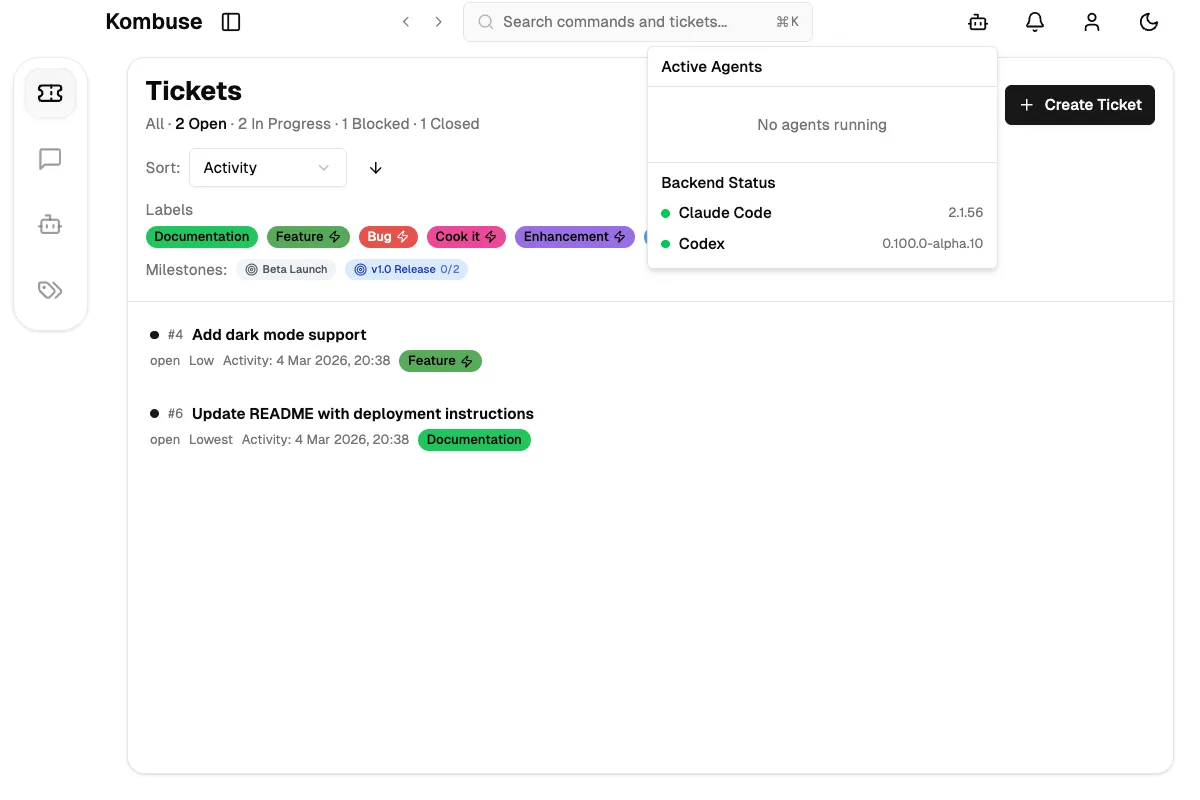 The Active Agents indicator popover in empty state, showing 'No agents running' and the Backend Status section with Claude Code and Codex listed as available