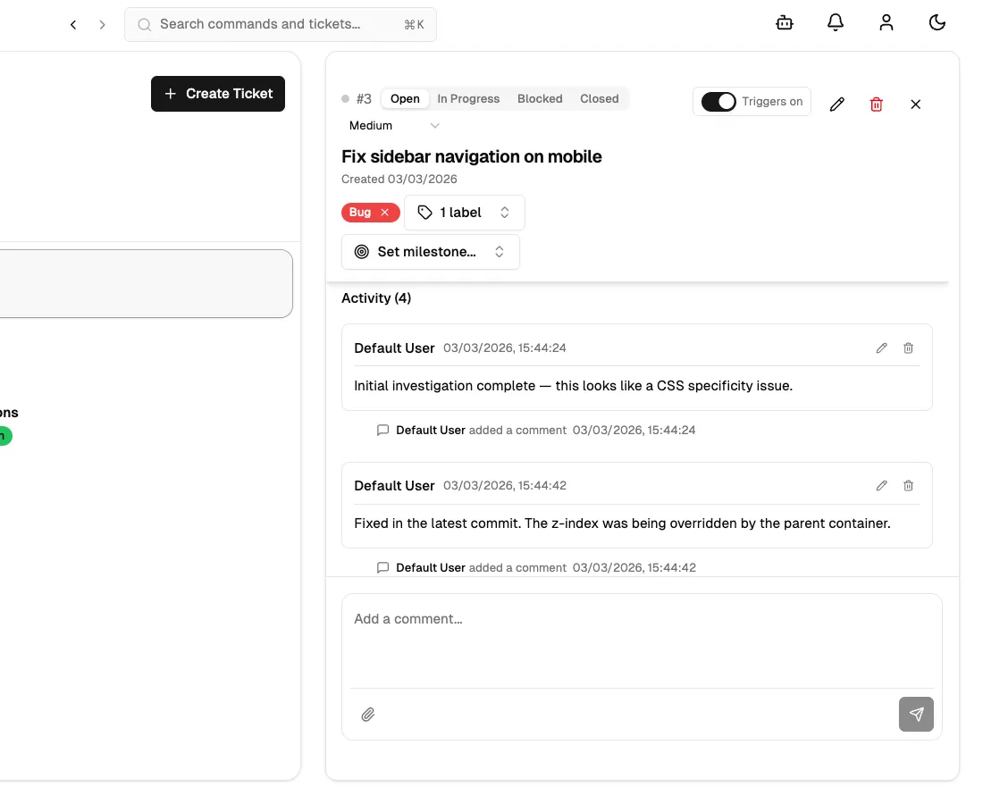 The ticket detail view showing the Activity section with comments and the comment input at the bottom