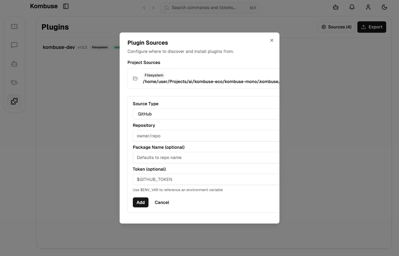 The source form with GitHub selected showing repository, package name, and token fields