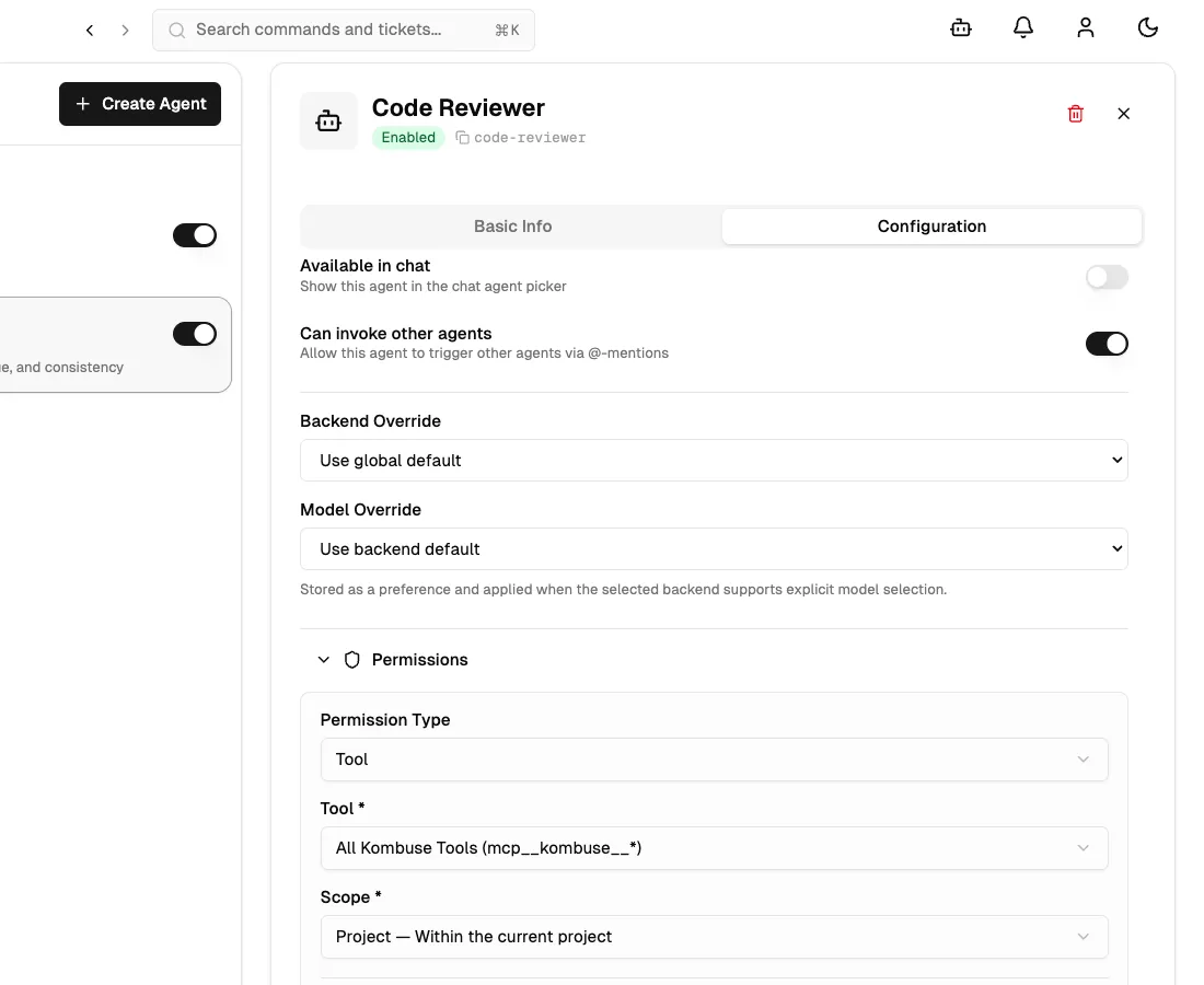 The permission form with Tool type selected, showing the tool dropdown and scope selector