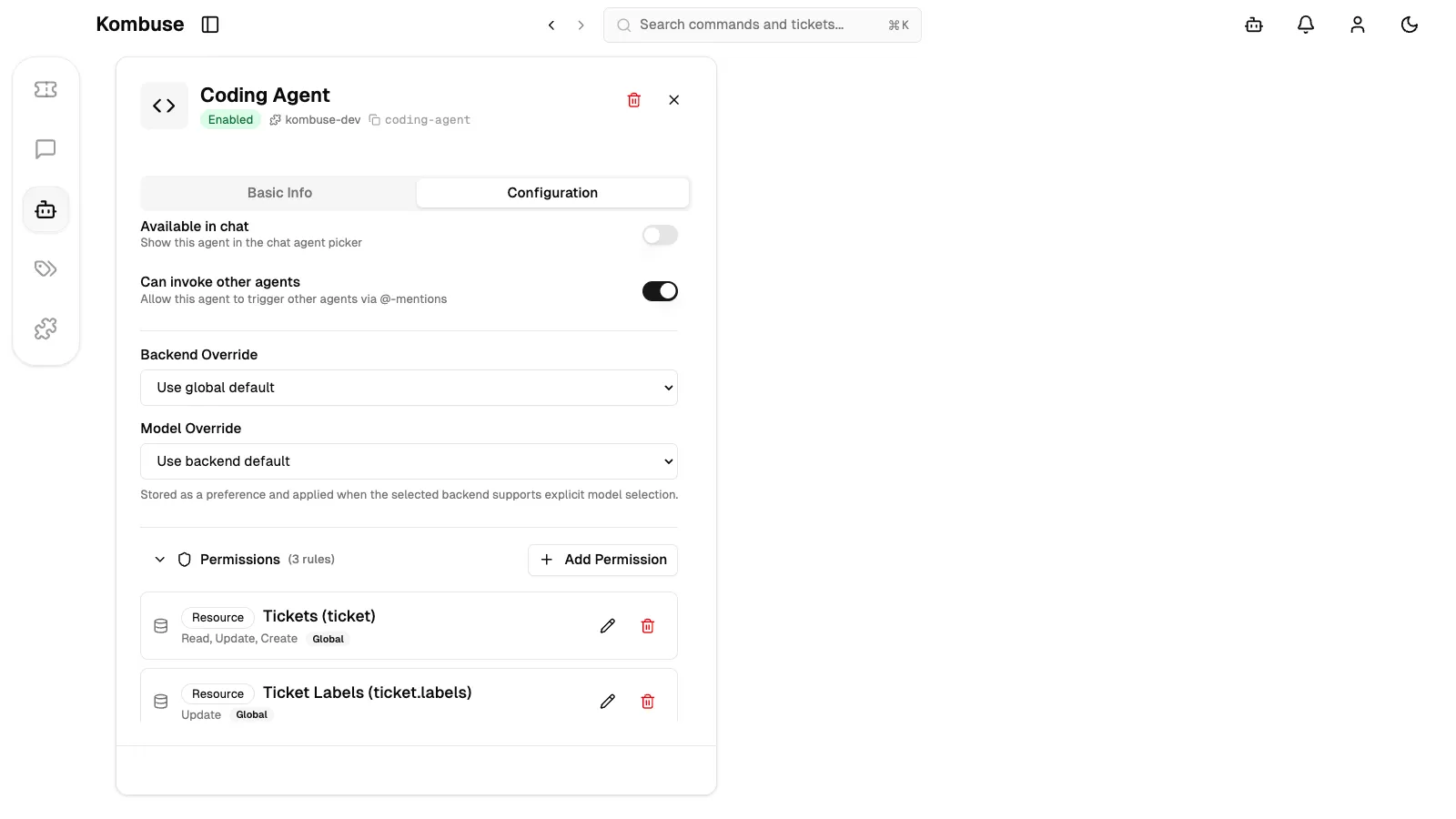 The Coding Agent's Configuration tab where backend, model, and permissions can be customized
