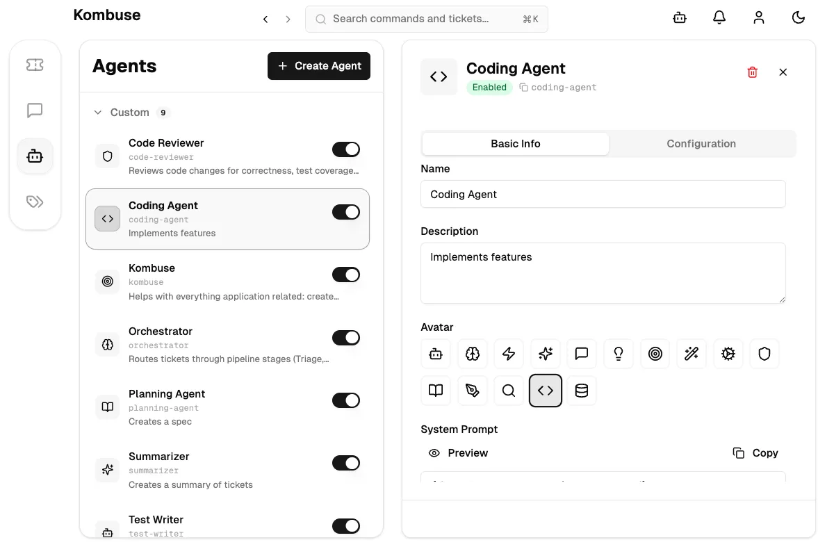 The agent editor showing the agent list and configuration panel