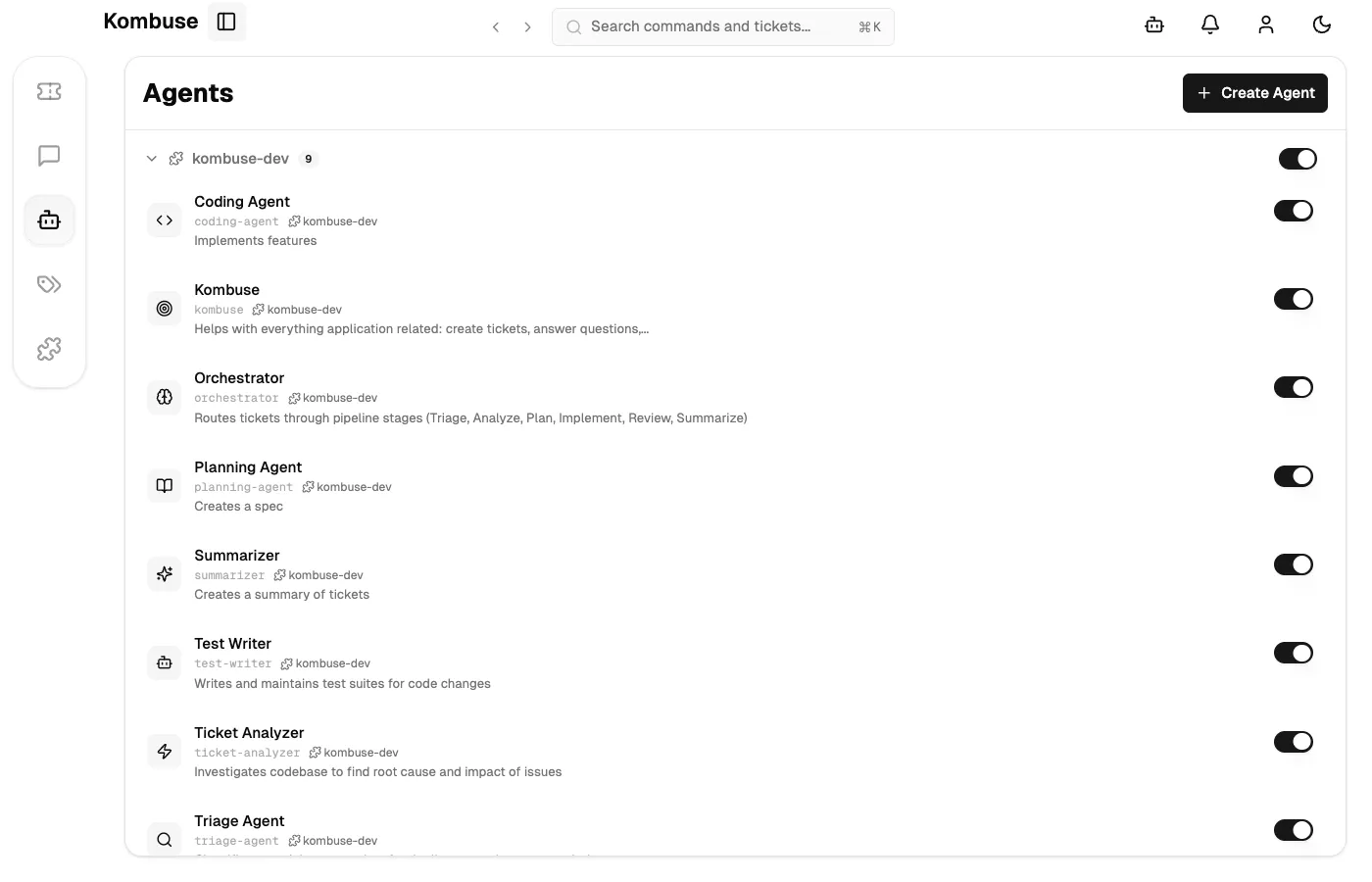 The Agents page showing a populated list of agents grouped by plugin, with enable/disable toggles and a Create Agent button
