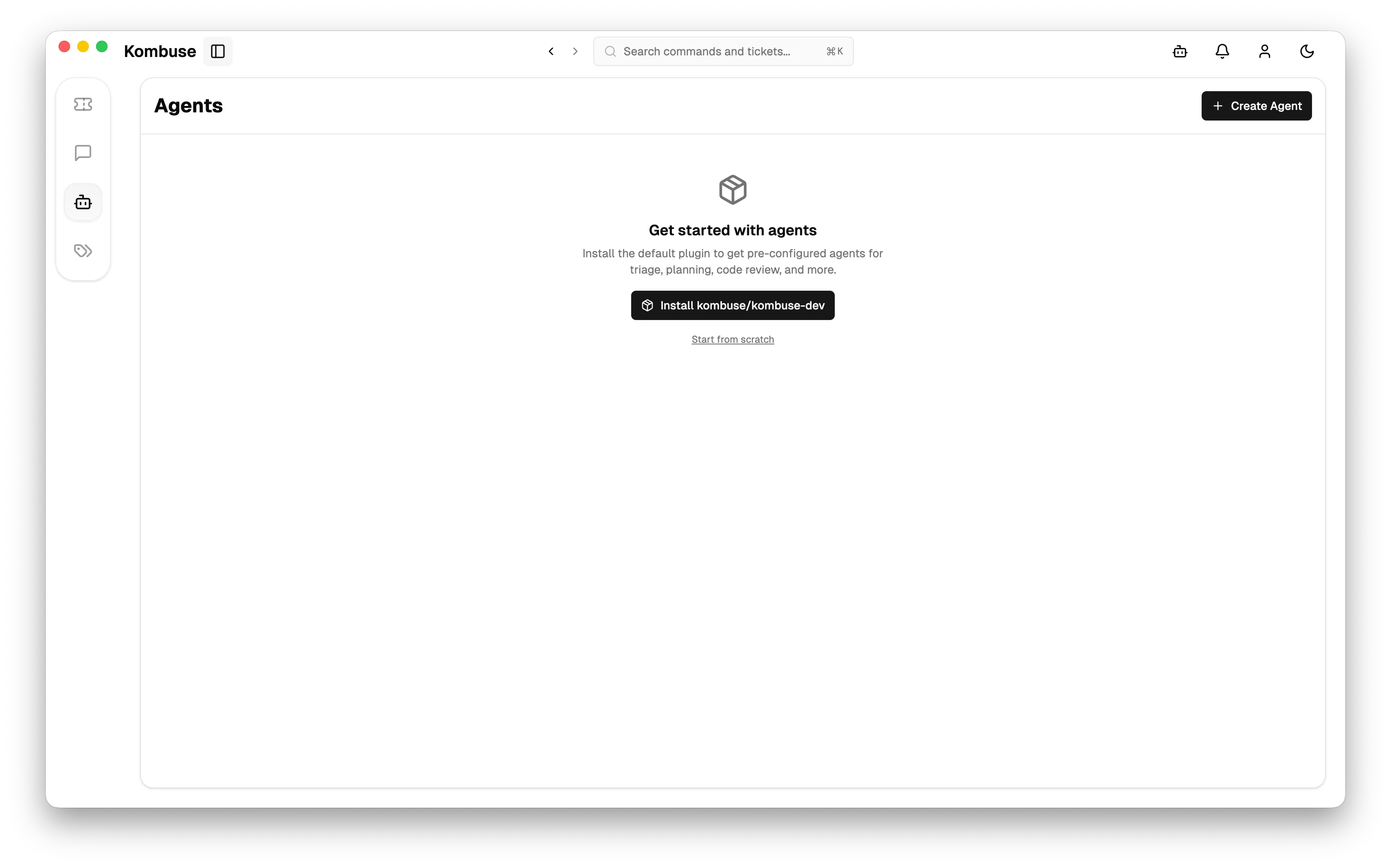 The Agents page showing the Get started with agents prompt with an Install kombuse/kombuse-dev button