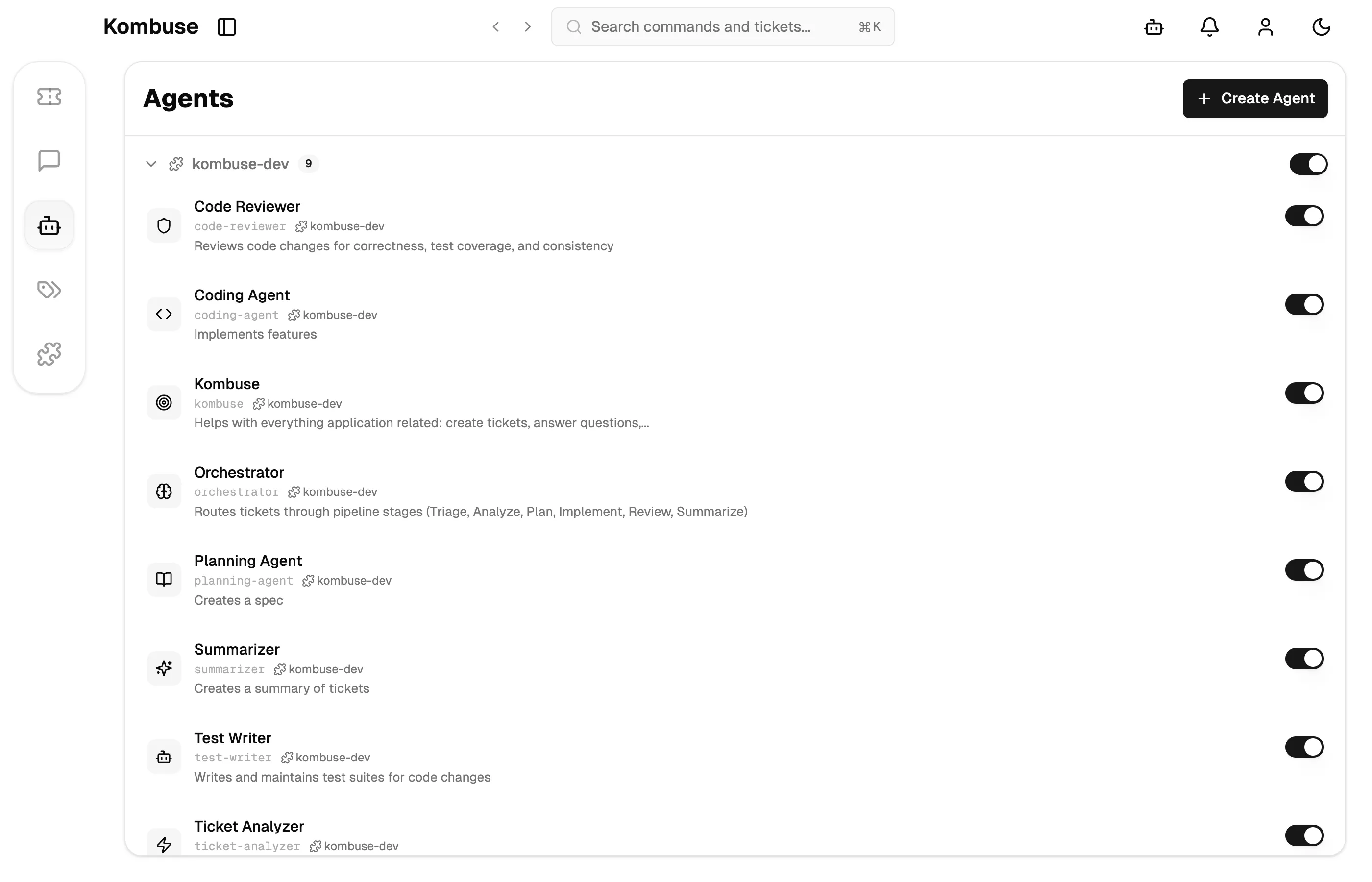 The Agents page listing installed agents from the kombuse-dev plugin