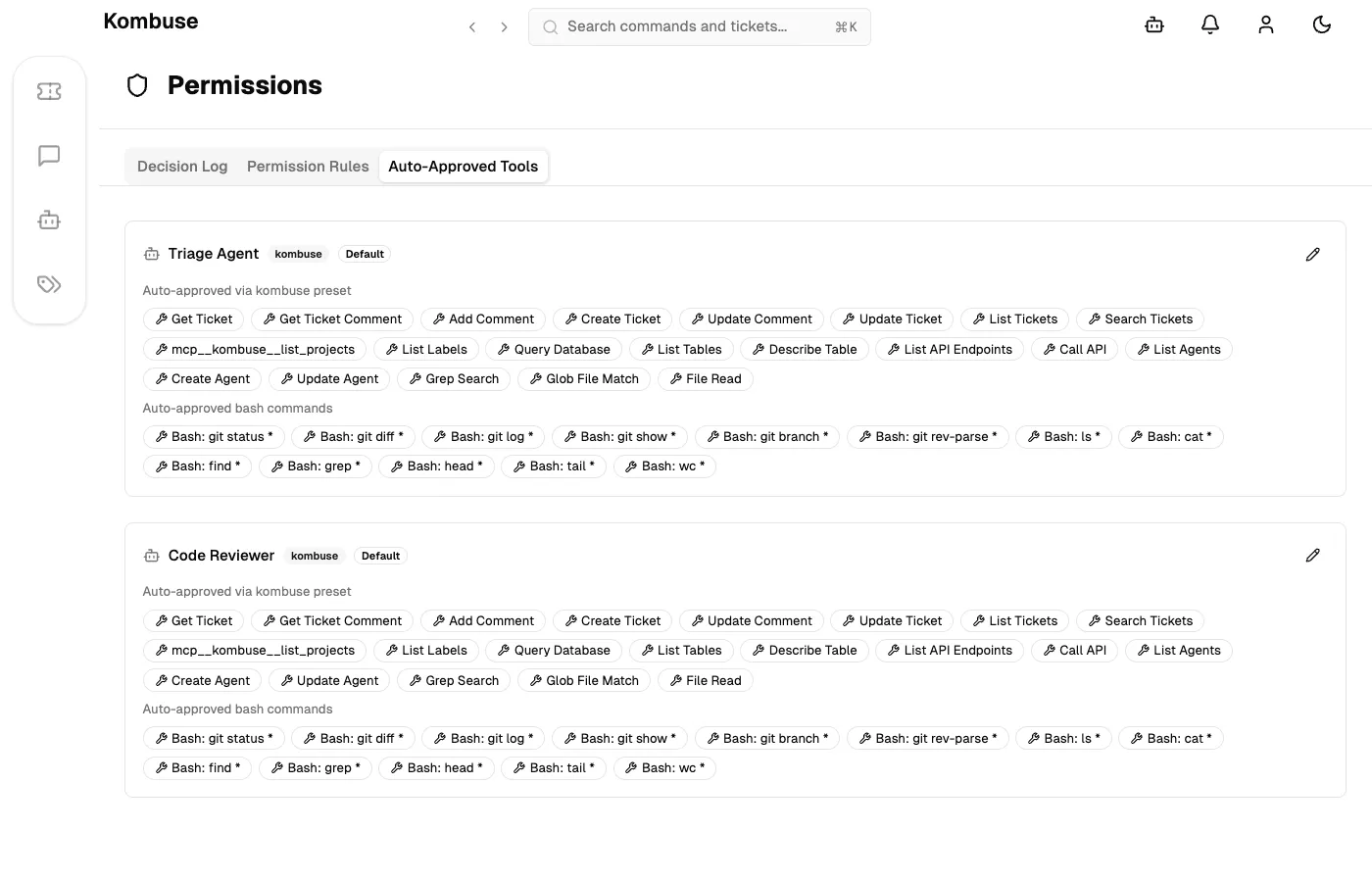 The Auto-Approved Tools tab showing per-agent tool override configuration