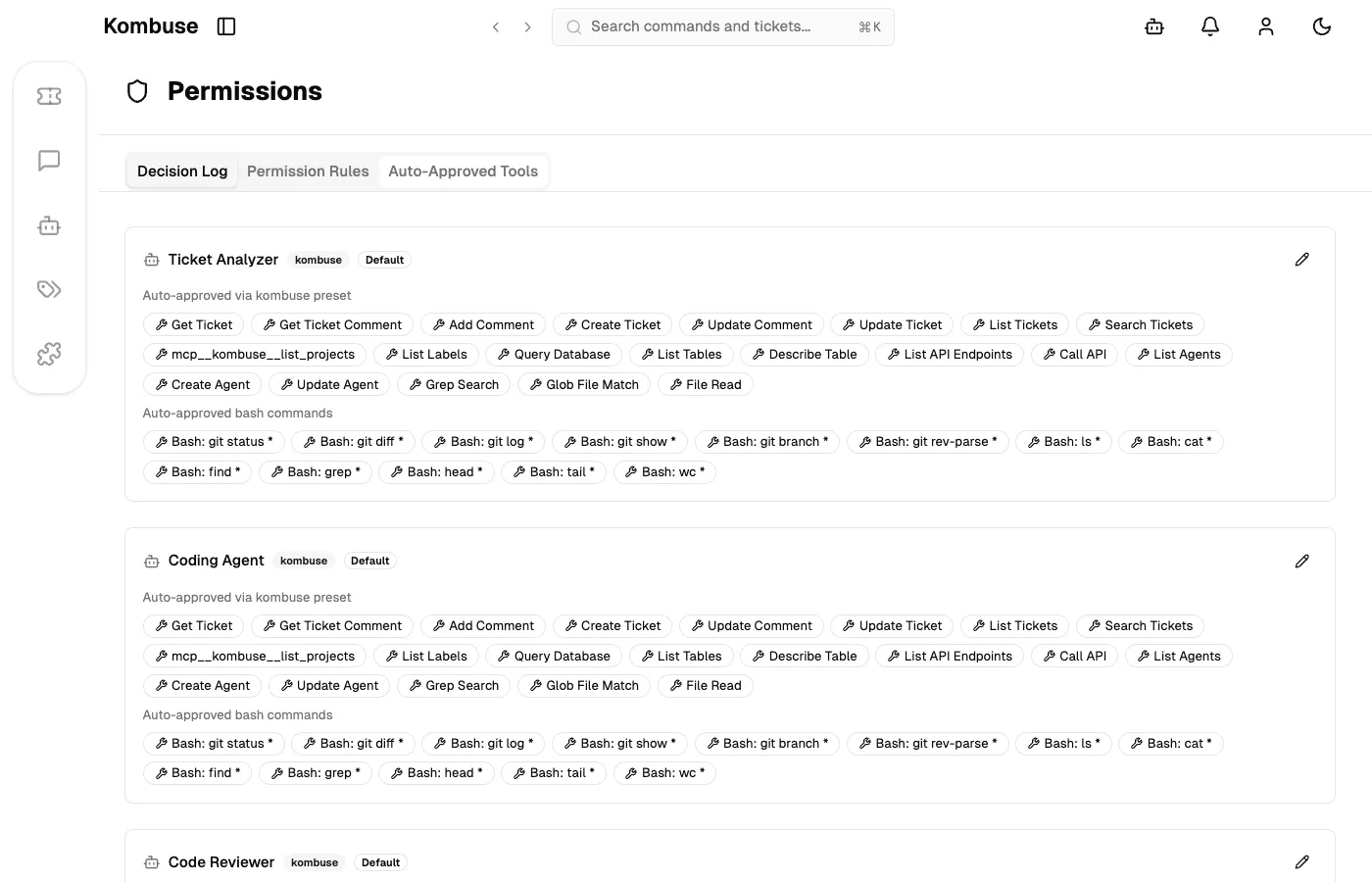 The Auto-Approved Tools tab showing per-agent git command configuration