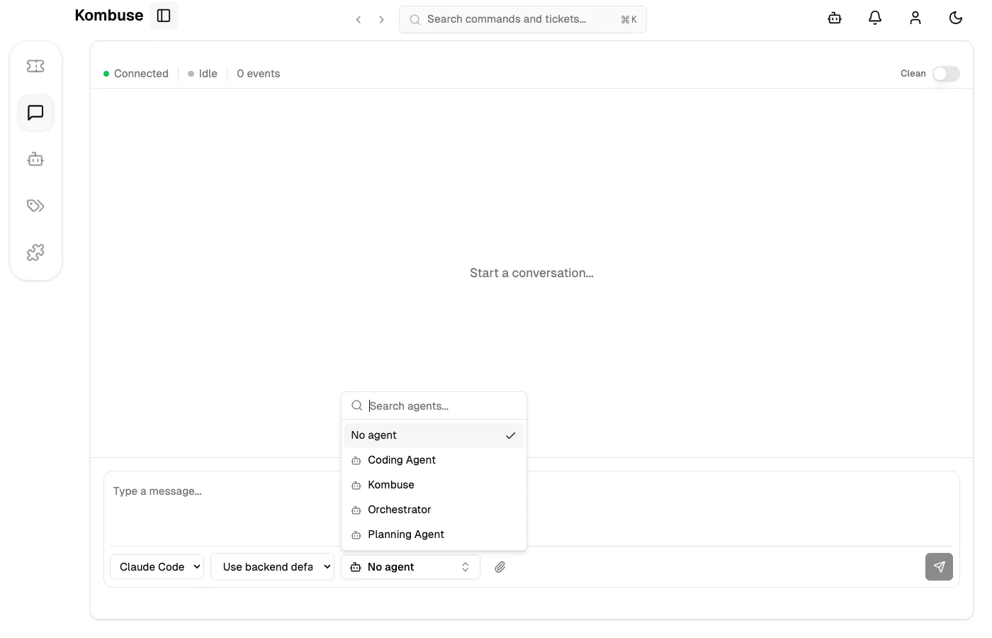 The chat interface with the agent picker dropdown open in the toolbar