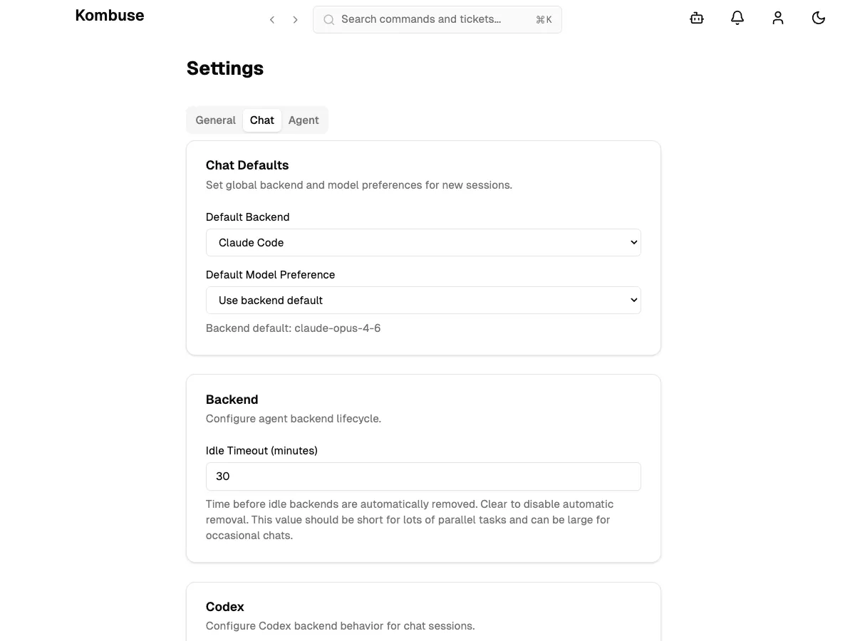 The Chat tab showing default backend and model preferences