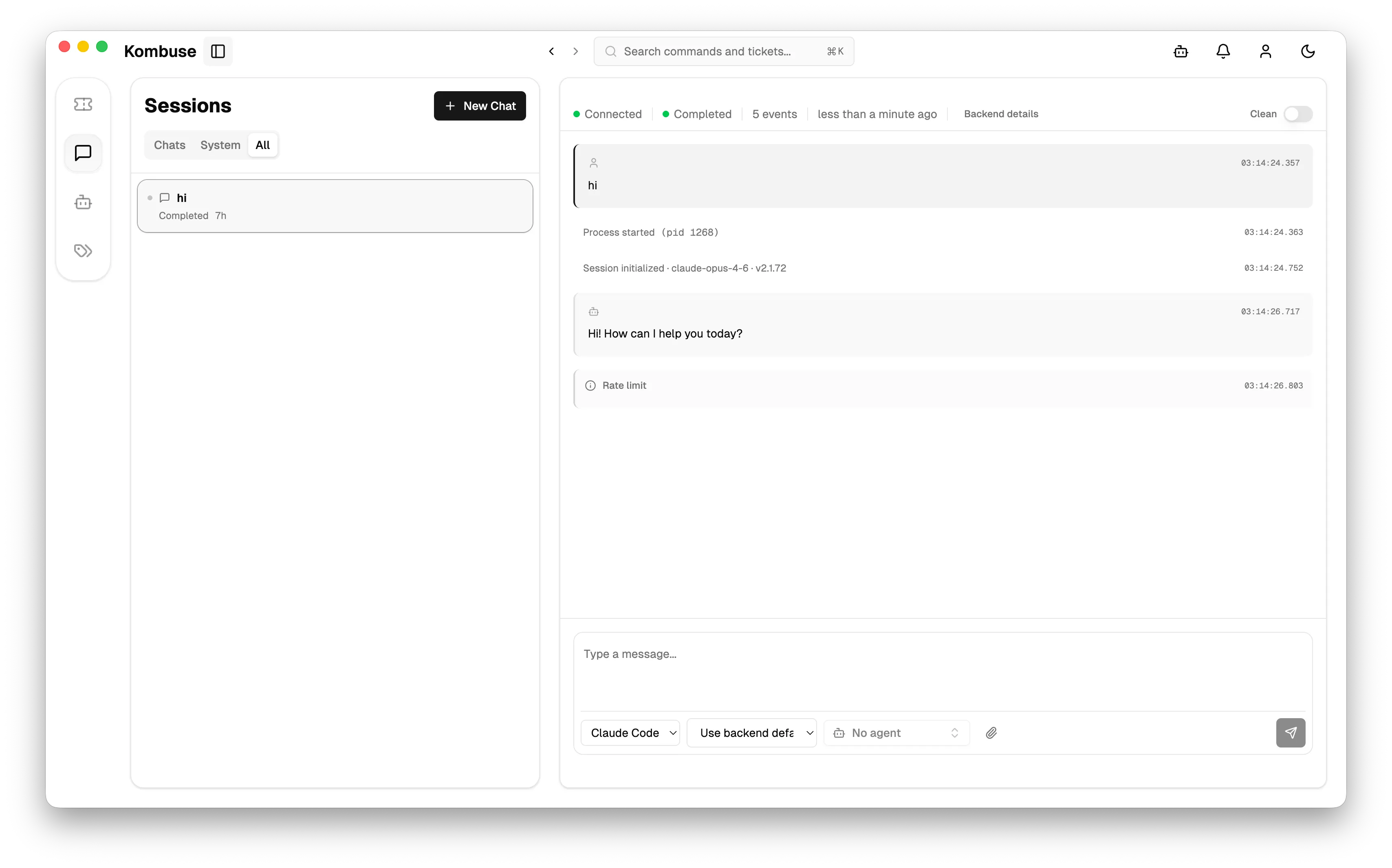 A chat session showing a hi message and the agent response