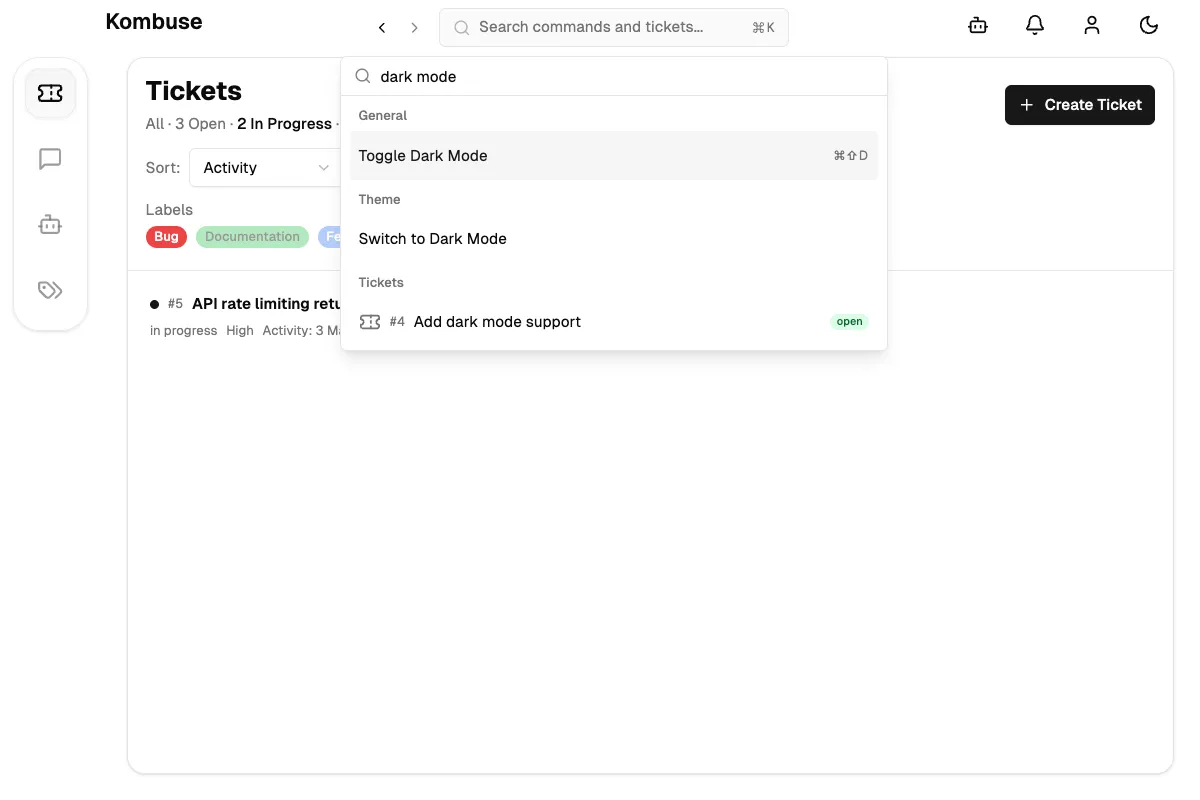 The command palette showing ticket search results with matching commands and tickets