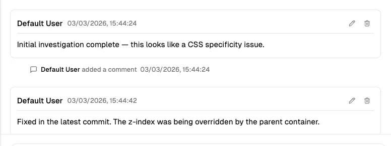 A comment showing the edit (pencil) and delete (trash) action buttons in its header