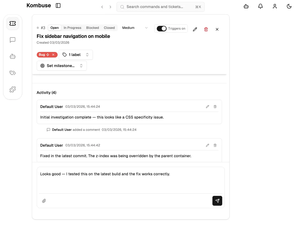 The comment input area with typed text, showing the send button and attach button in the toolbar