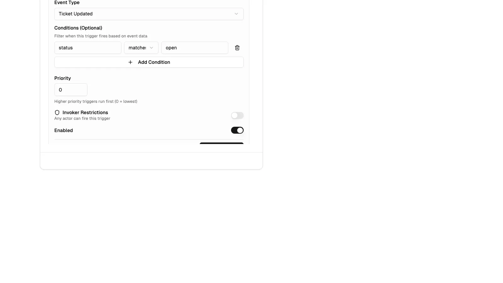 The generic condition editor showing a key-value row with the matches/excludes selector