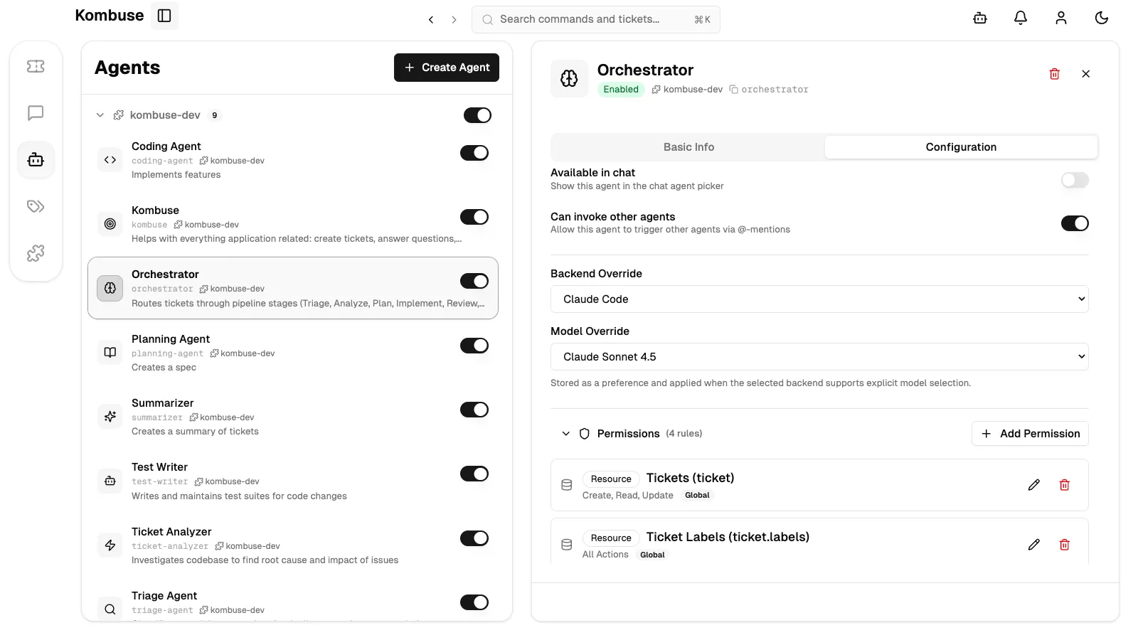 The Configuration tab showing backend override, model override, and trigger settings for an agent