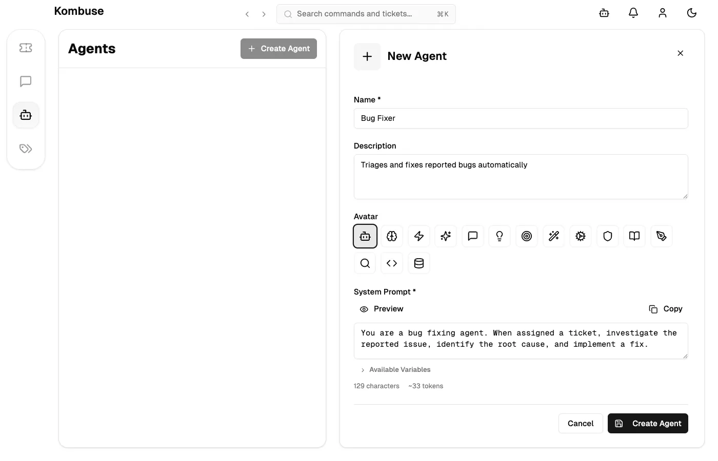 The Create Agent form filled with a name 'Bug Fixer', description, and system prompt