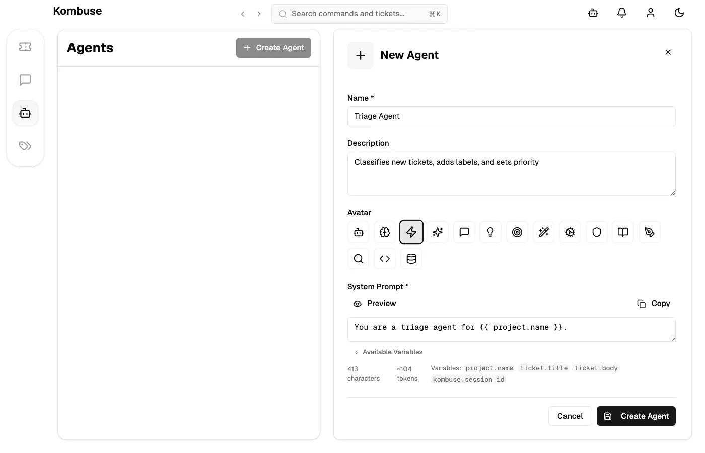 The Create Agent form filled with triage agent details