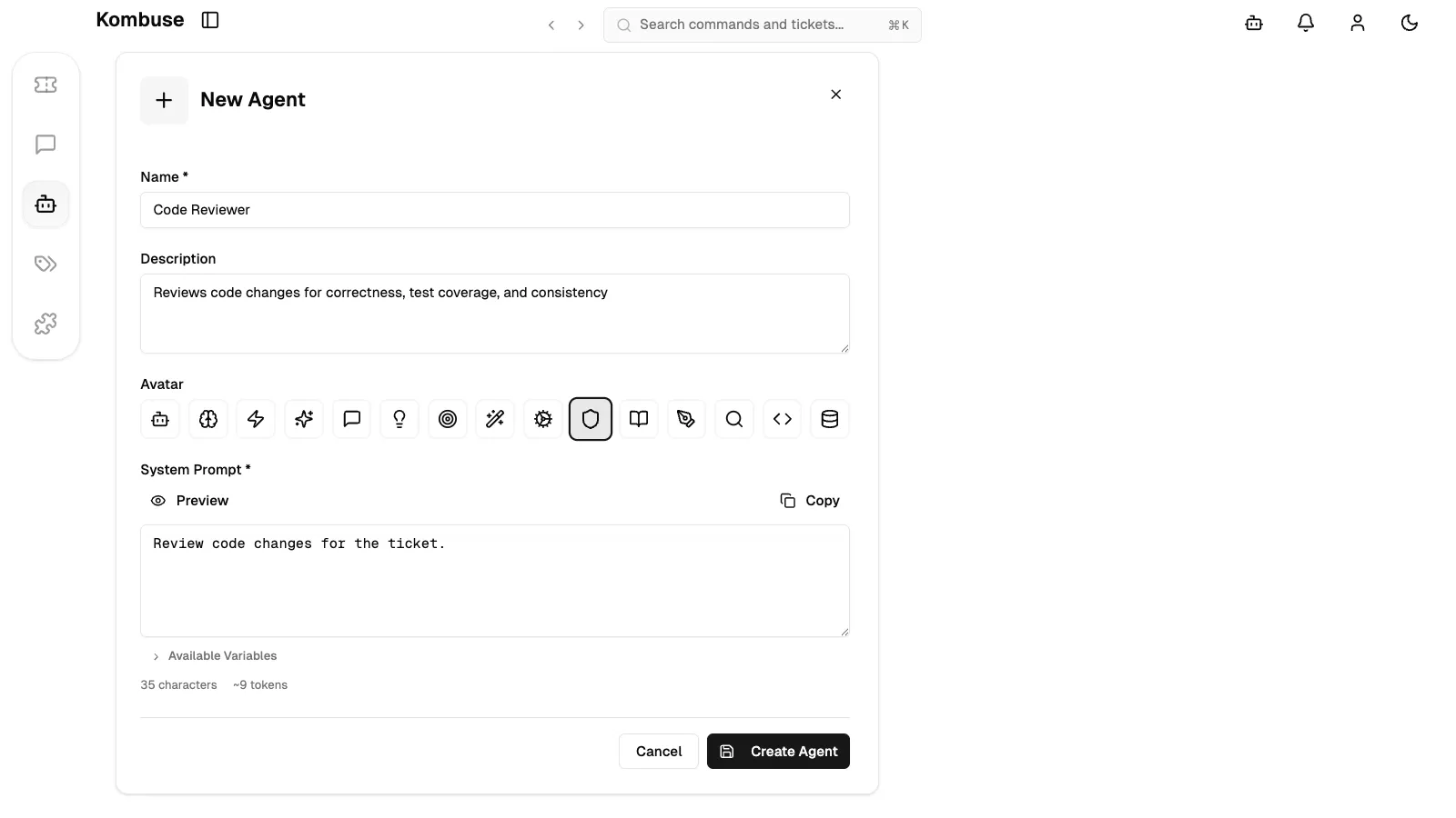 The Create Agent form filled with code review agent details