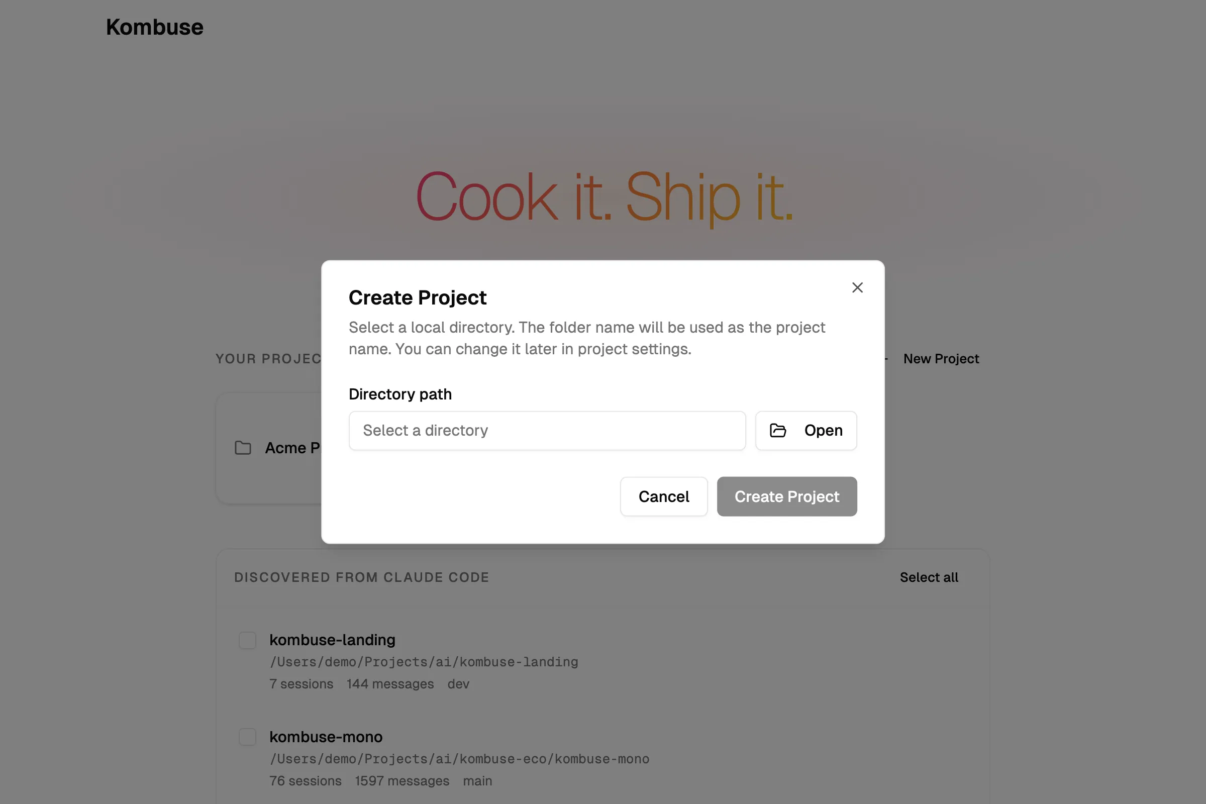 The Create Project dialog for selecting a project directory