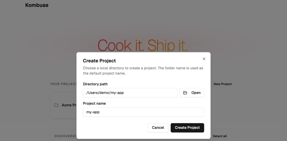 The Create Project dialog with directory path and project name fields