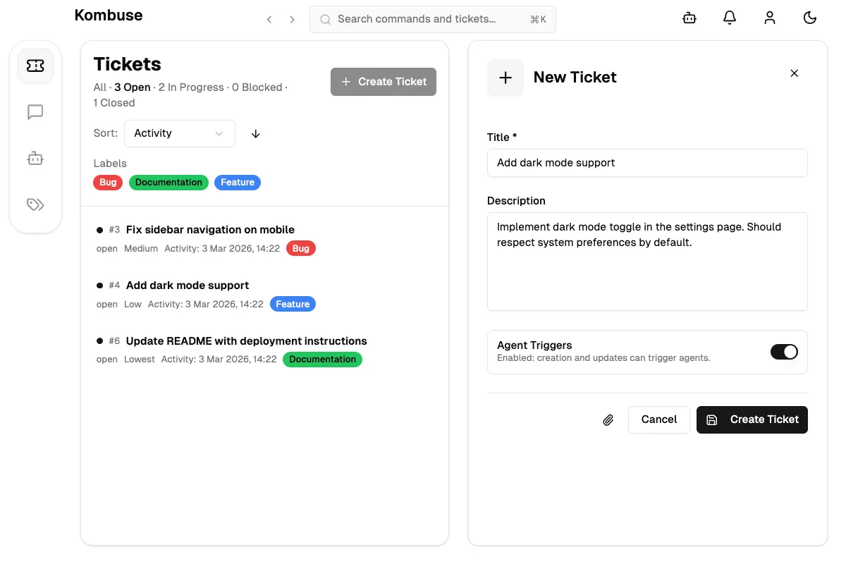 The New Ticket form with title, description, and agent triggers toggle