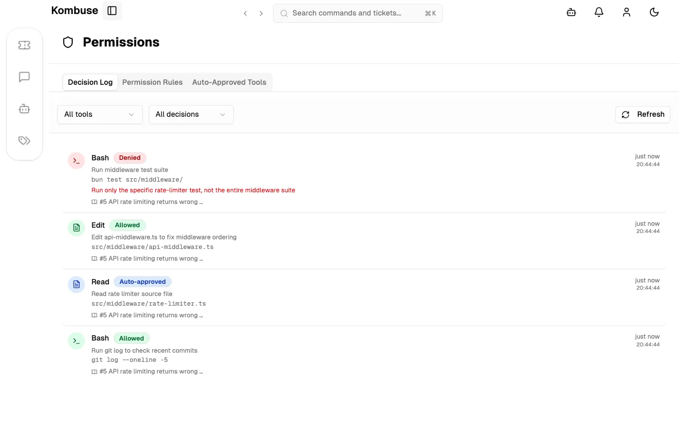 The Permissions page showing the Decision Log tab with filters for tool name and behavior