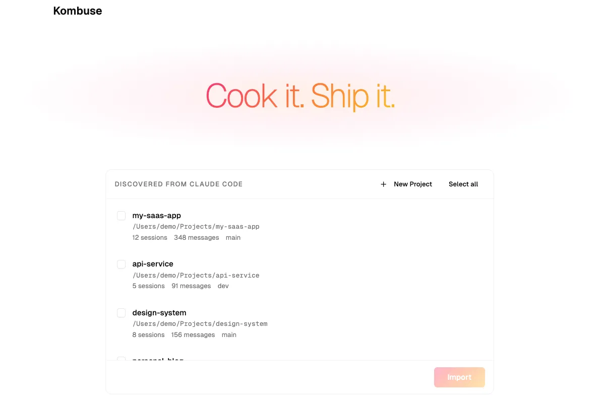 The Discovered from Claude Code section showing projects with session counts and git branch information