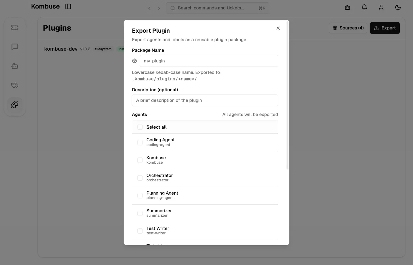 The Export Plugin dialog with package name input, agent selection, and project labels