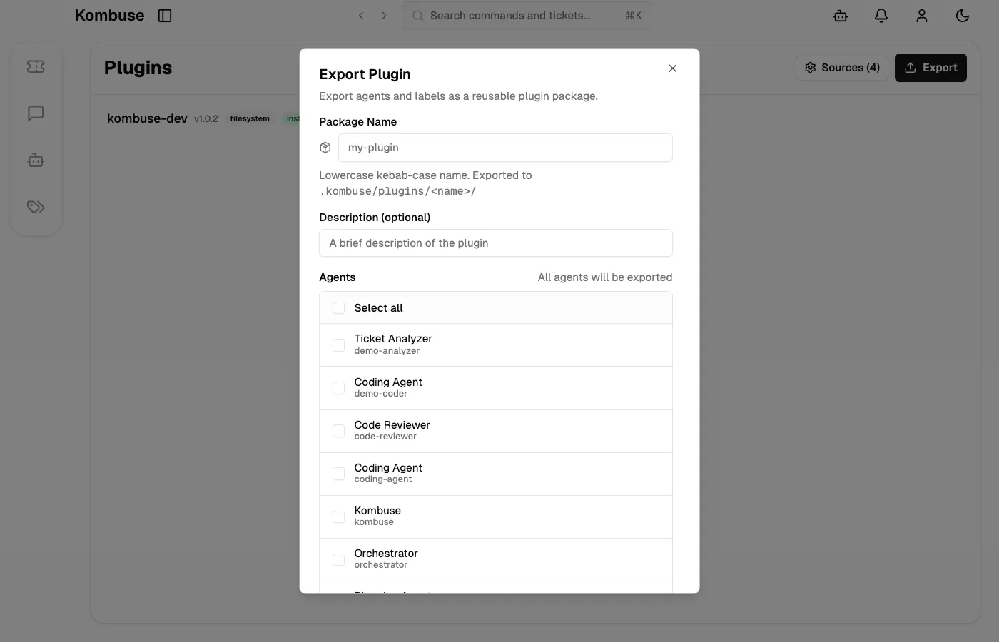 The Export Plugin dialog with package name, description, agent selection, and included labels