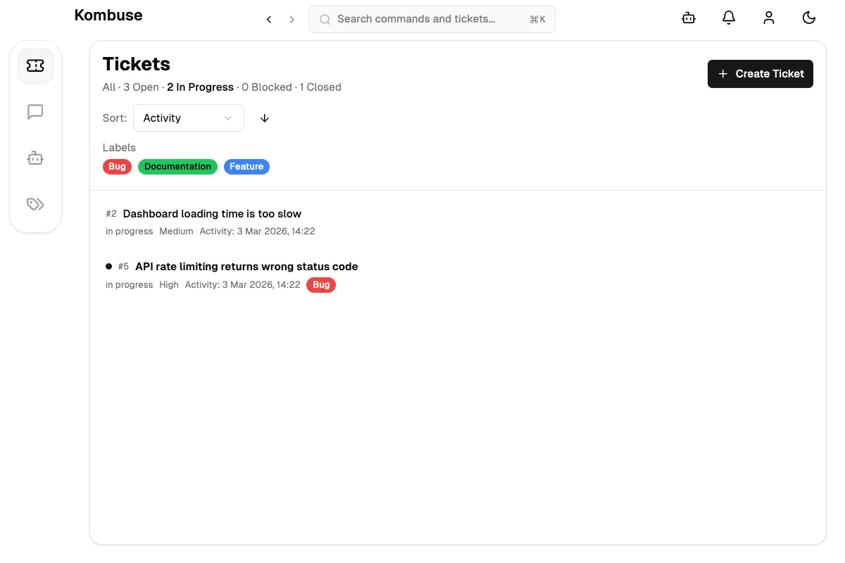 The ticket list filtered by In Progress status with matching result count