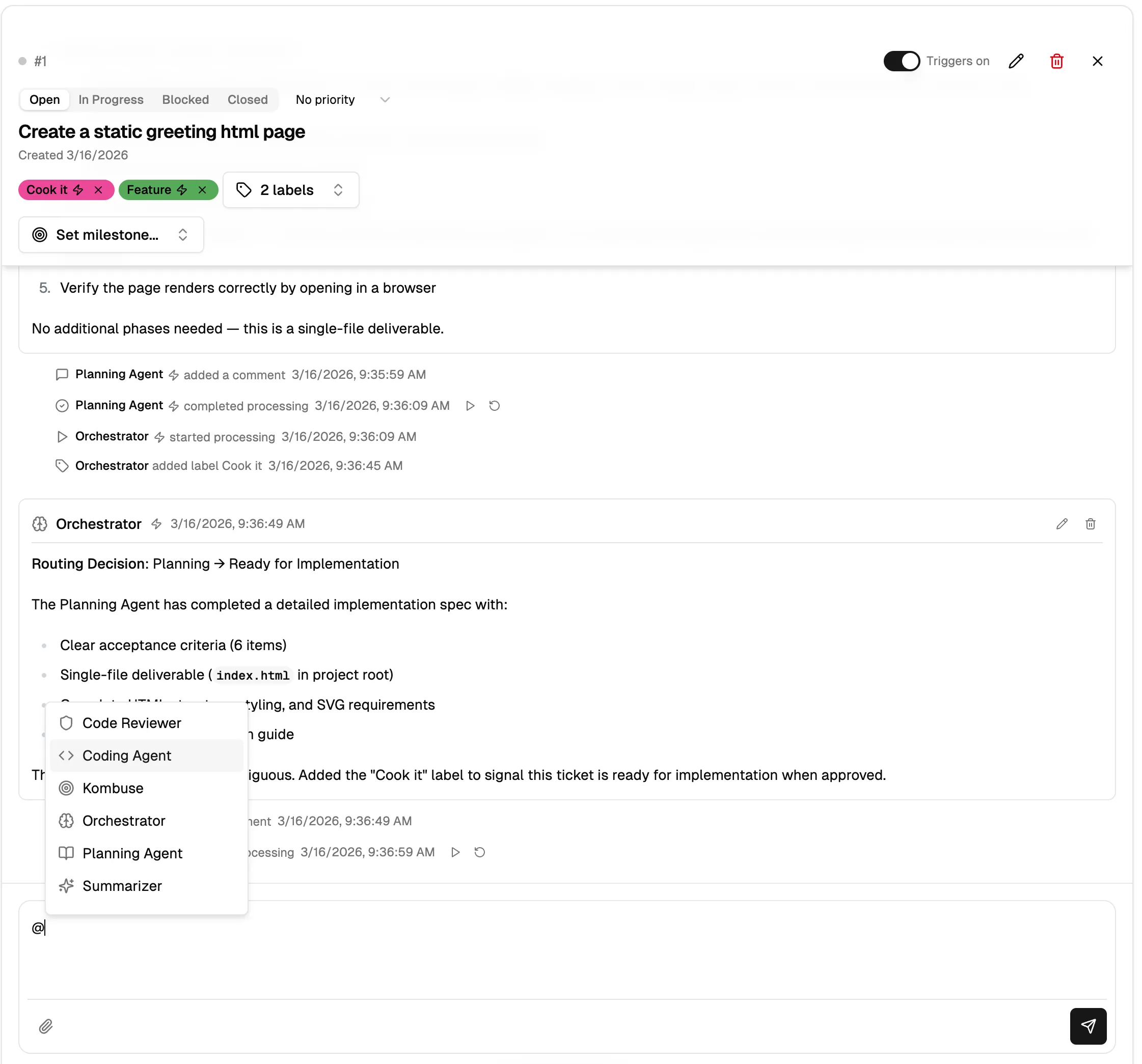 The Orchestrator adds the Cook it label and the user invokes the Coding Agent via the @ mention dropdown