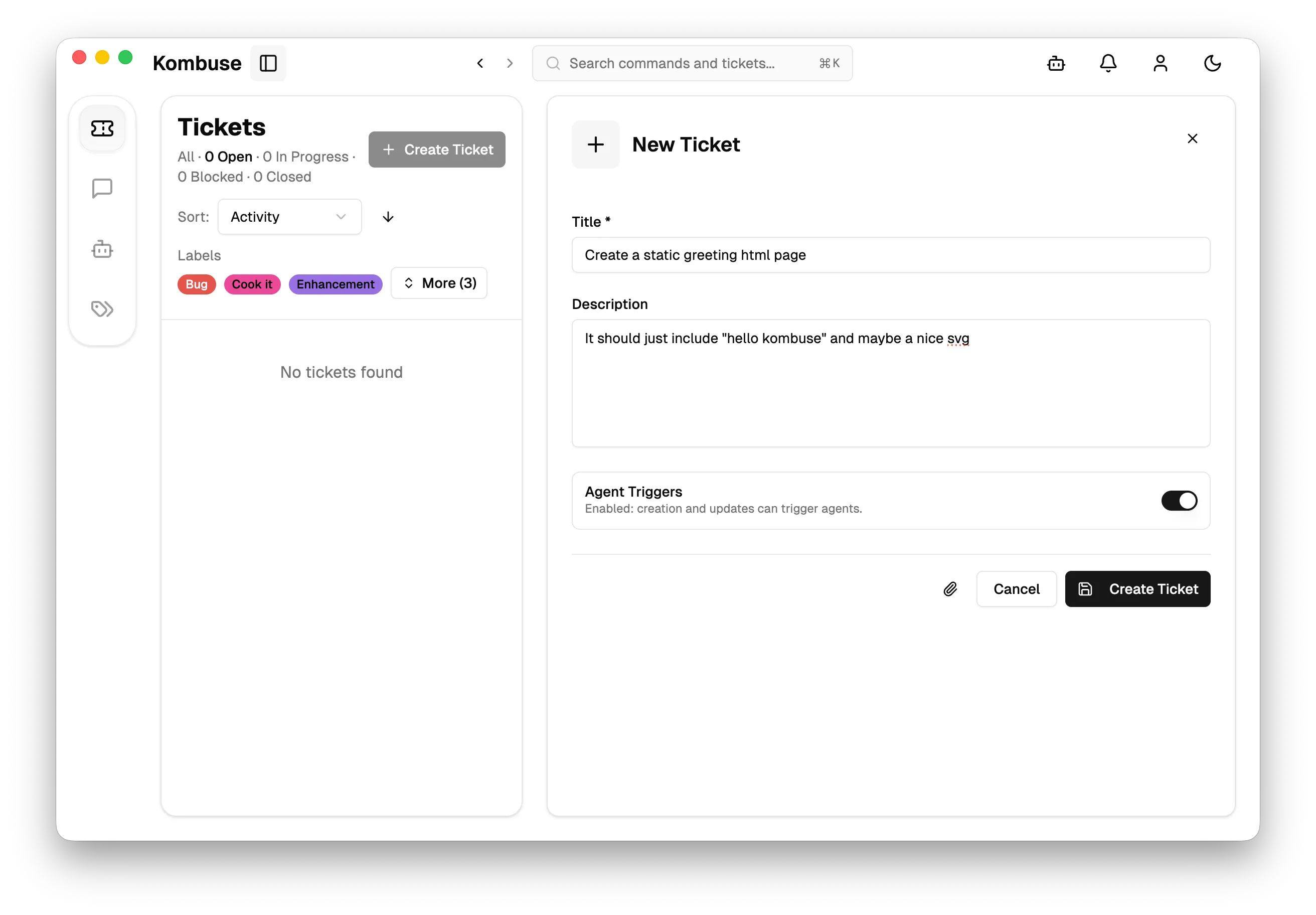 Creating a new ticket with a title and short description, Agent Triggers enabled