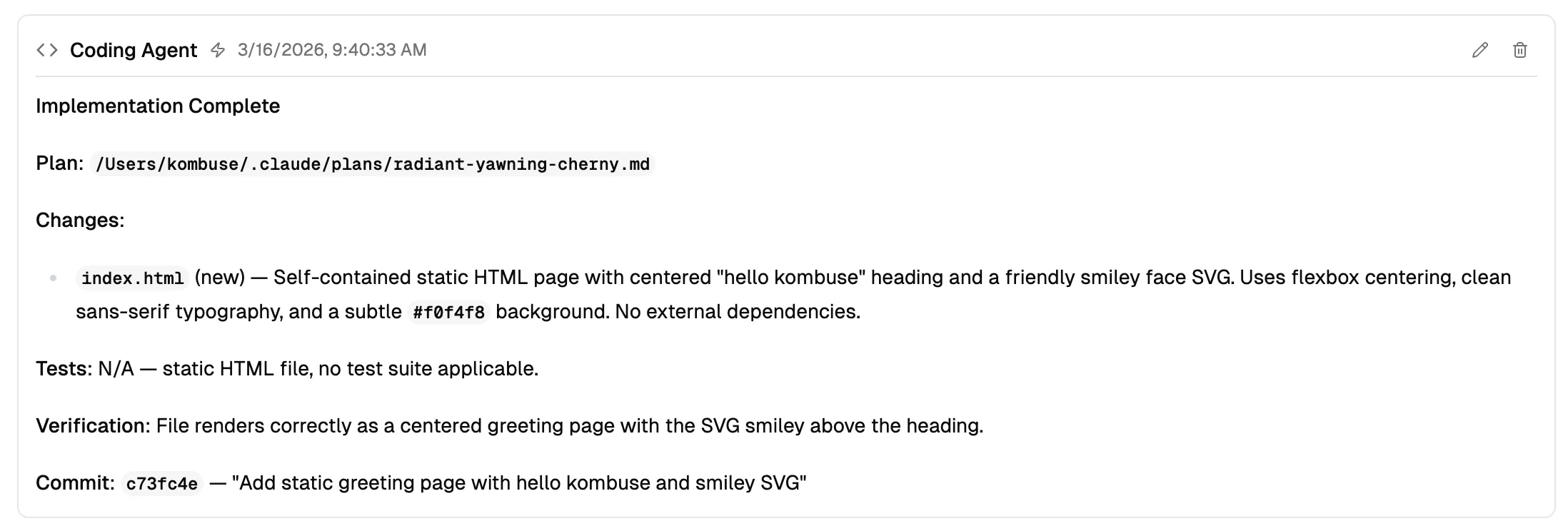 The Coding Agent's comment confirming implementation is complete with a commit reference