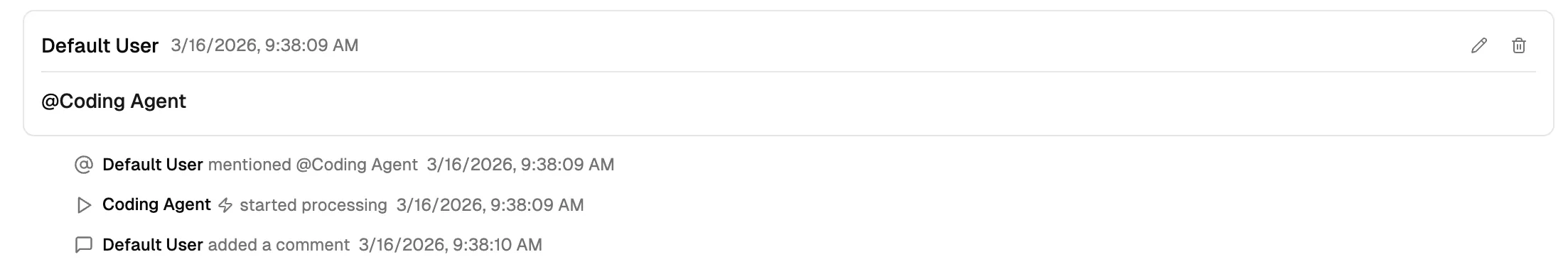 The user's @Coding Agent comment triggering the Coding Agent to start processing