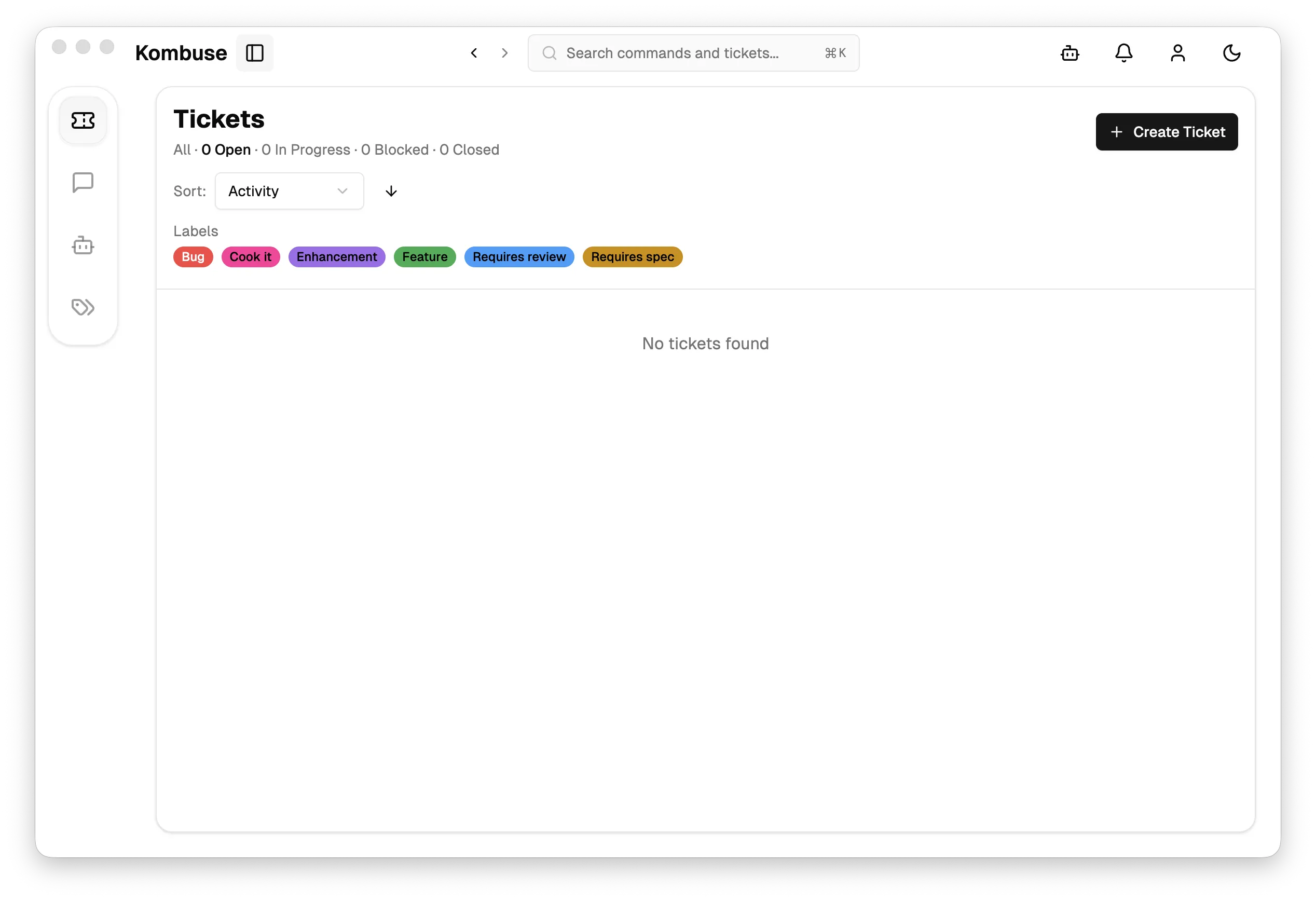 The Tickets page showing labels installed by the dev plugin