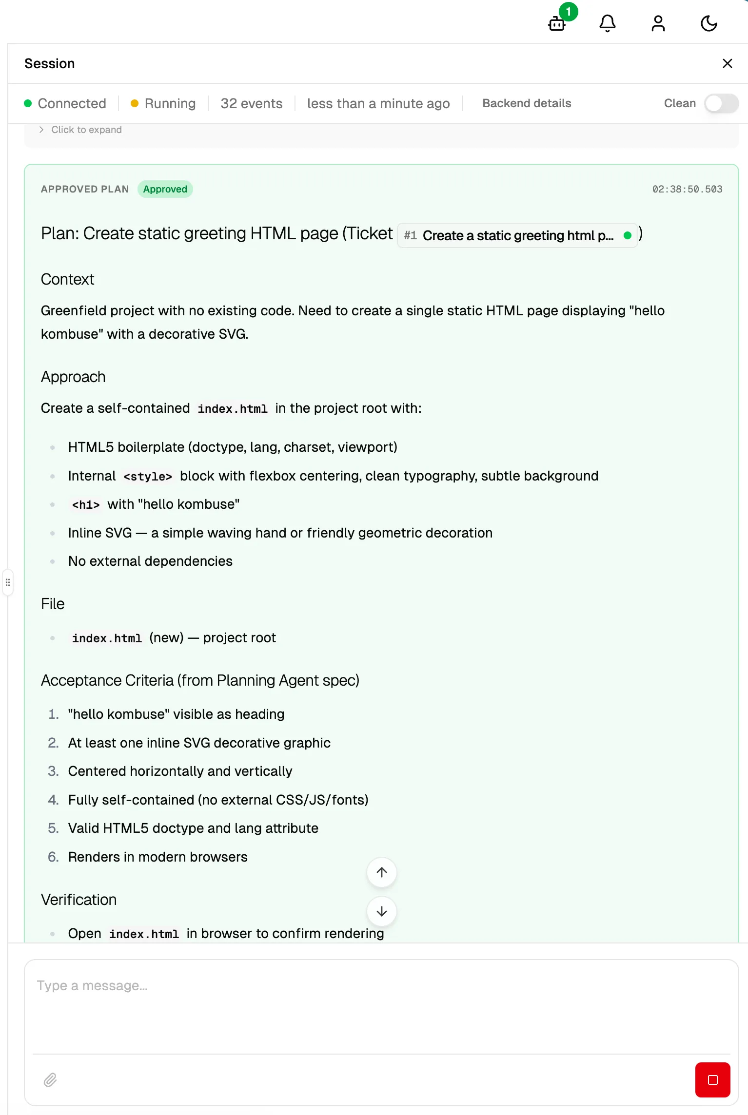 The session viewer showing the approved plan with full implementation details