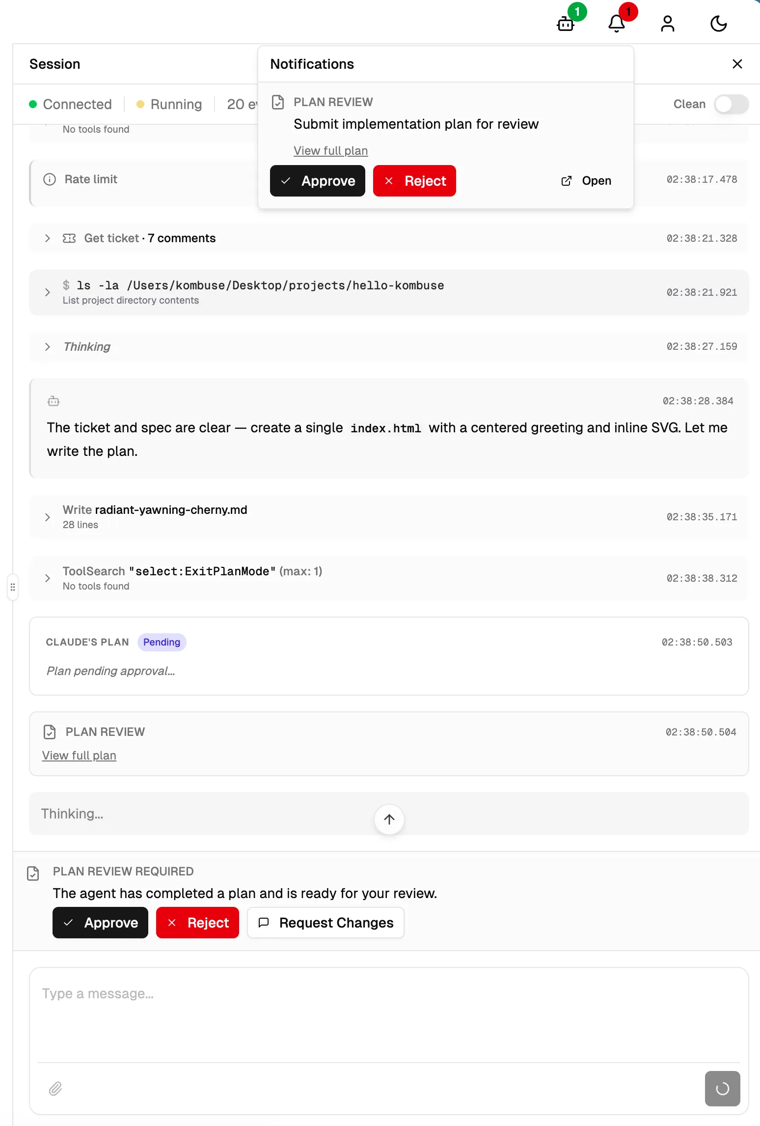 The Coding Agent's plan review notification with Approve, Reject, and Open buttons