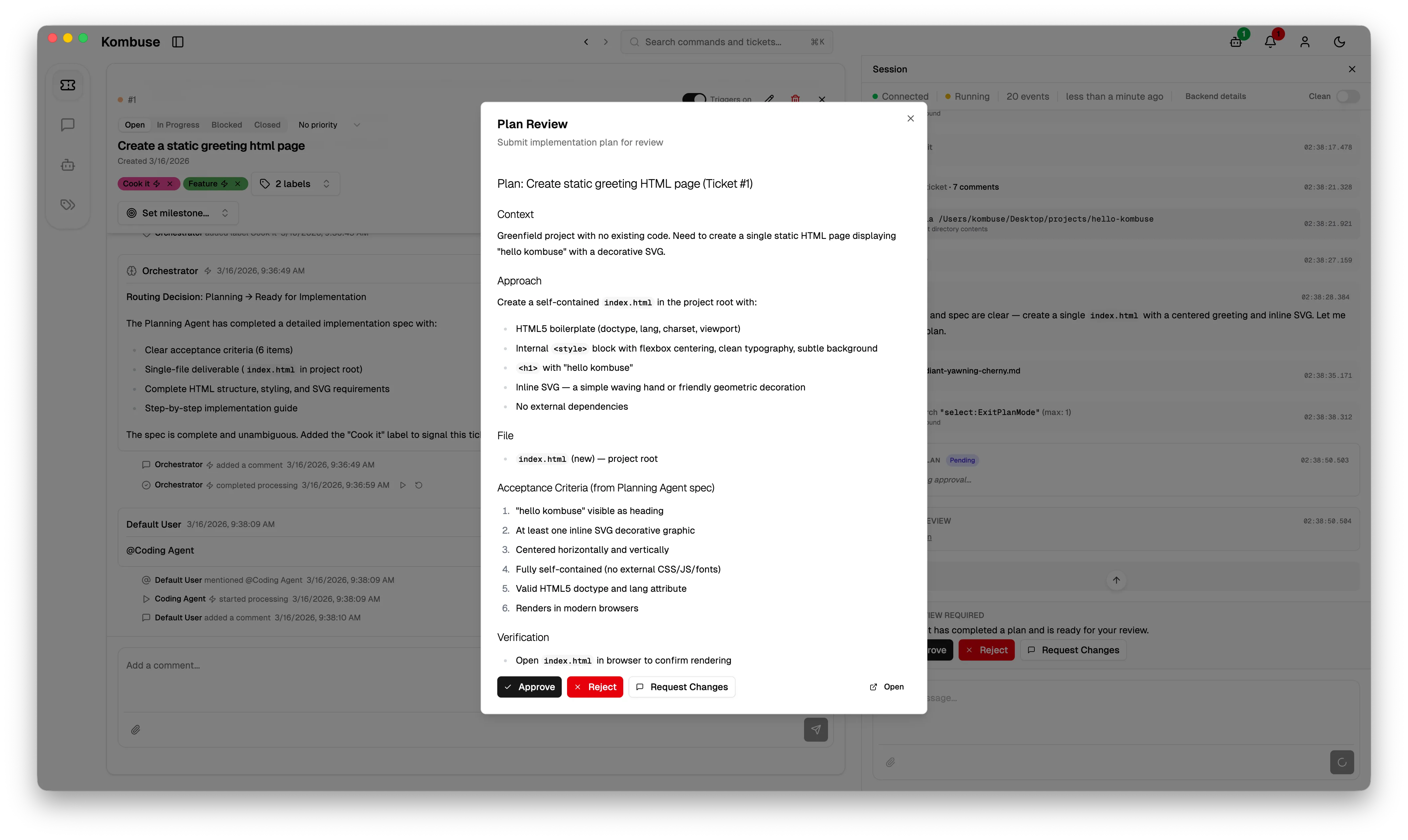 The Plan Review modal showing the full implementation plan with context, approach, files, and acceptance criteria