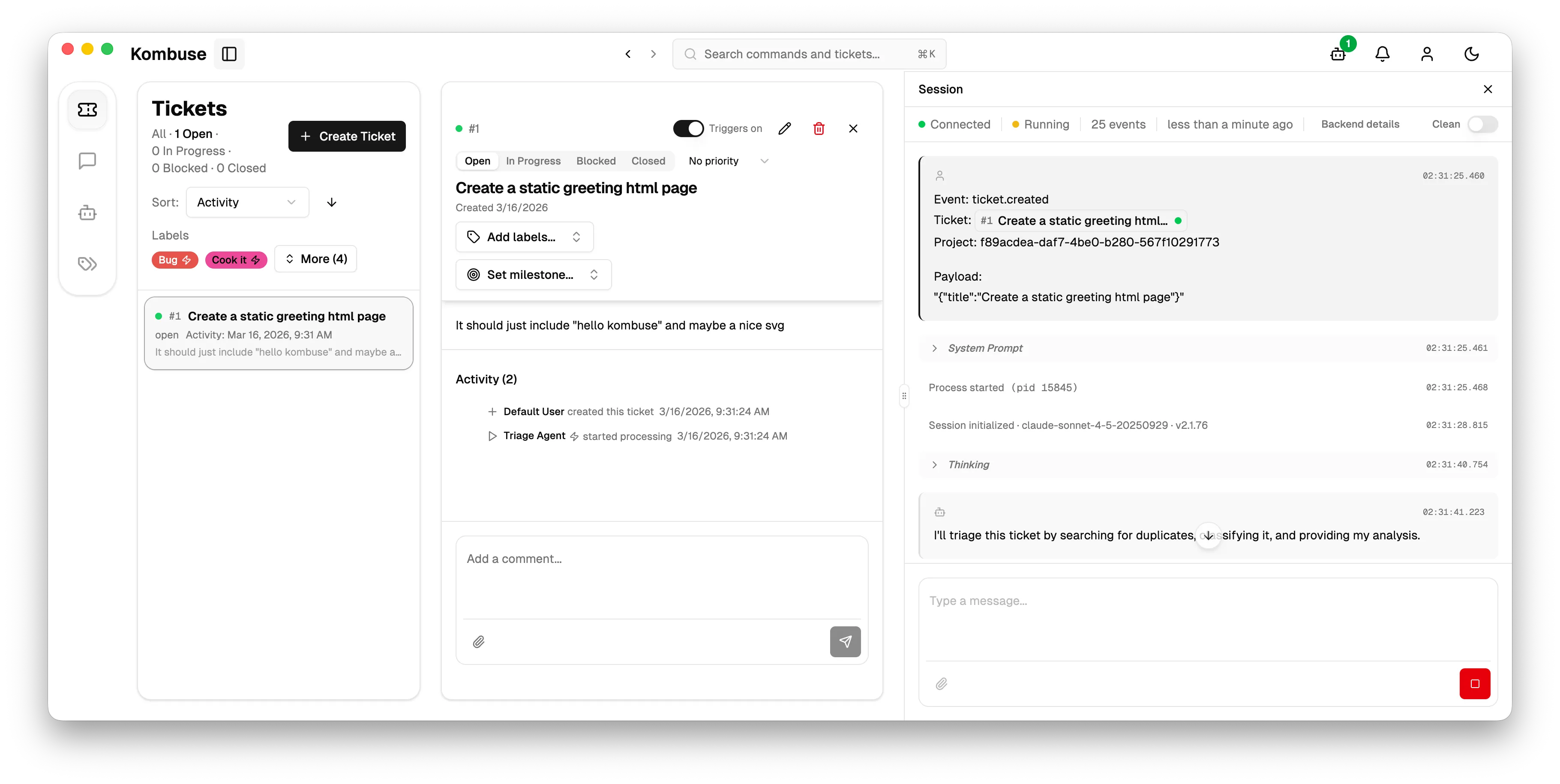 The agent session viewer showing the Triage Agent's thinking process and tool usage alongside the ticket