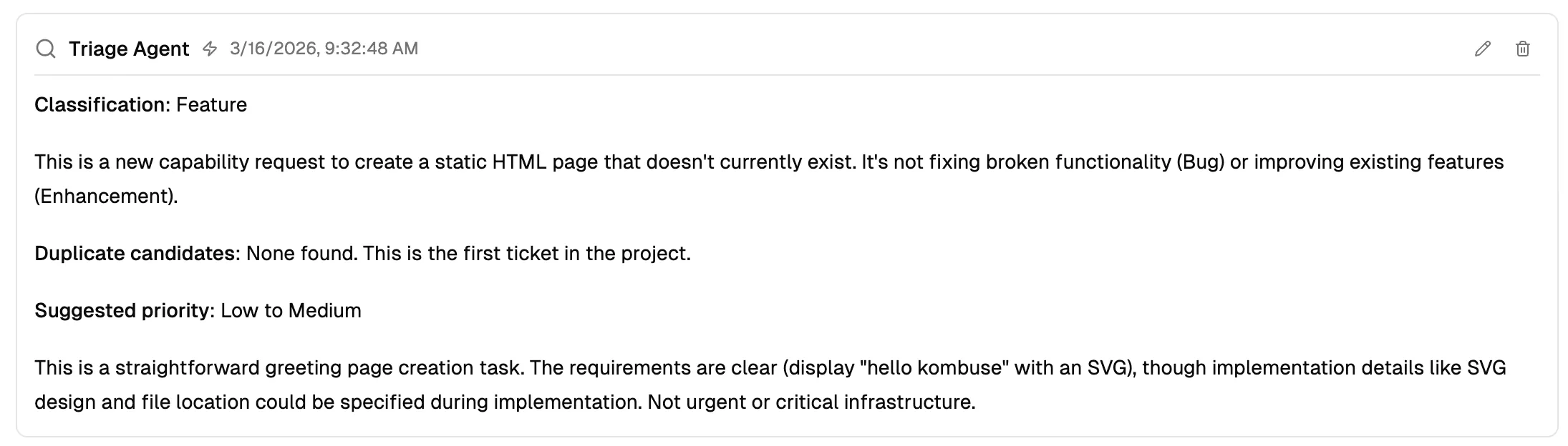 The Triage Agent's comment classifying the ticket as a Feature with a suggested priority