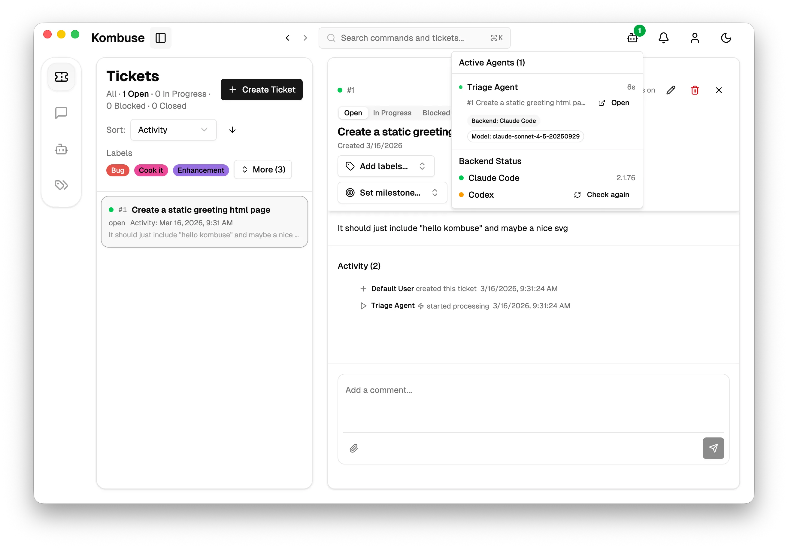 The ticket detail with Active Agents popup showing the Triage Agent processing the ticket
