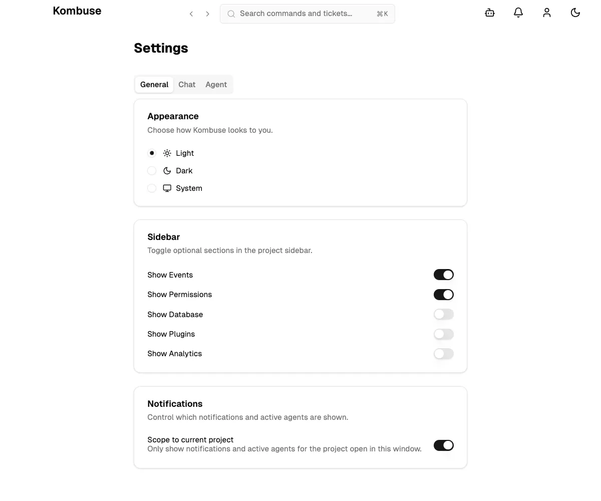 The General tab showing Appearance, Sidebar, and Notifications settings