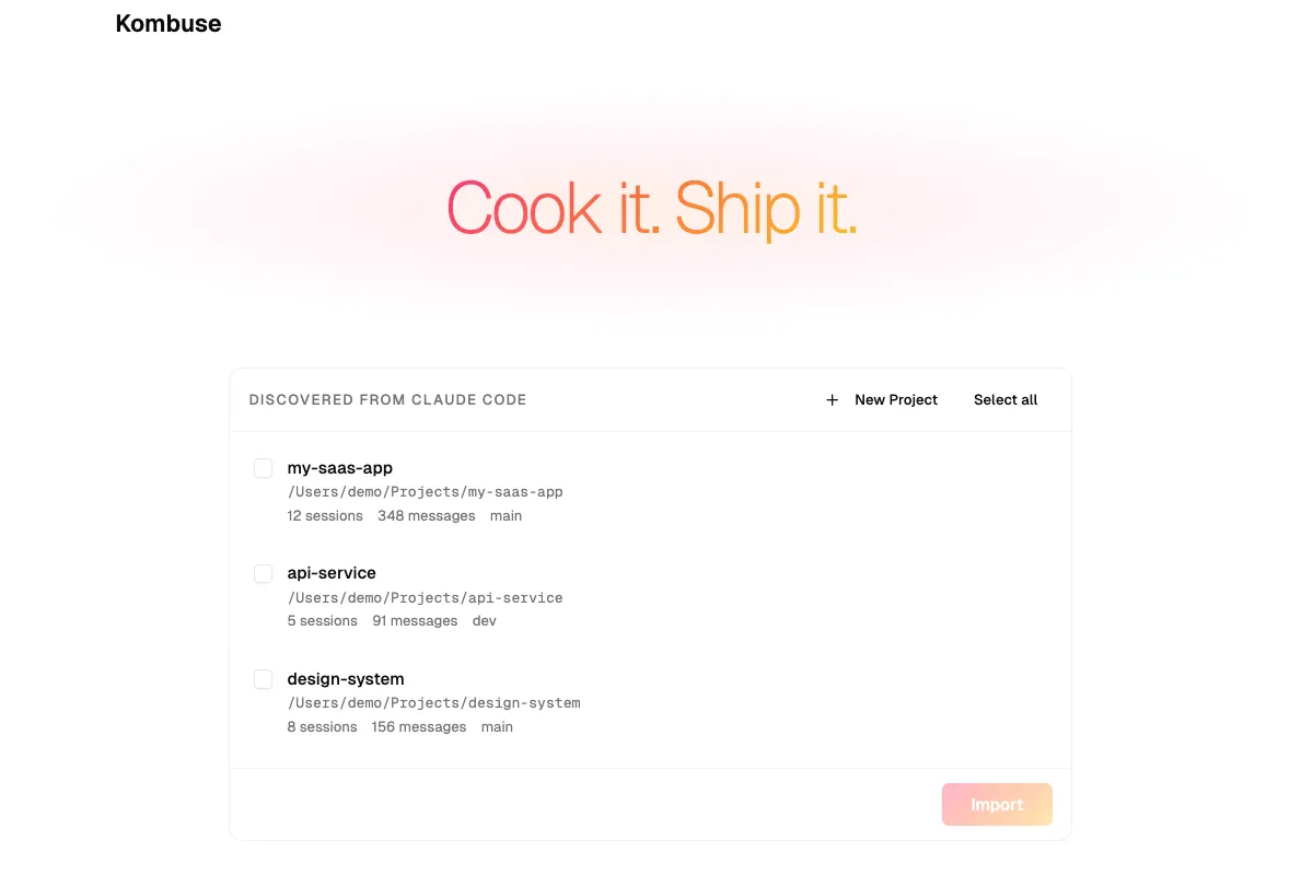 The Kombuse home page showing your projects and discovered Claude Code projects