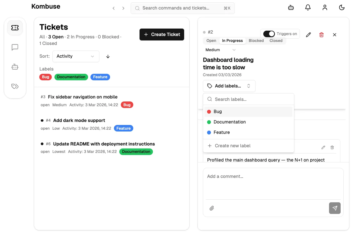 The label selector showing available labels with search and create options