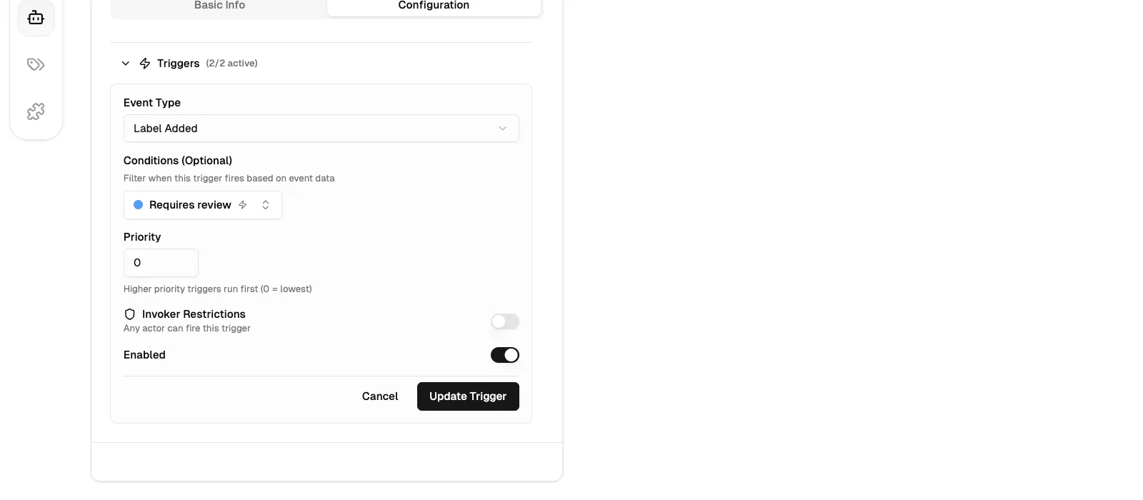 The trigger form with Label Added event type and Requires review label condition
