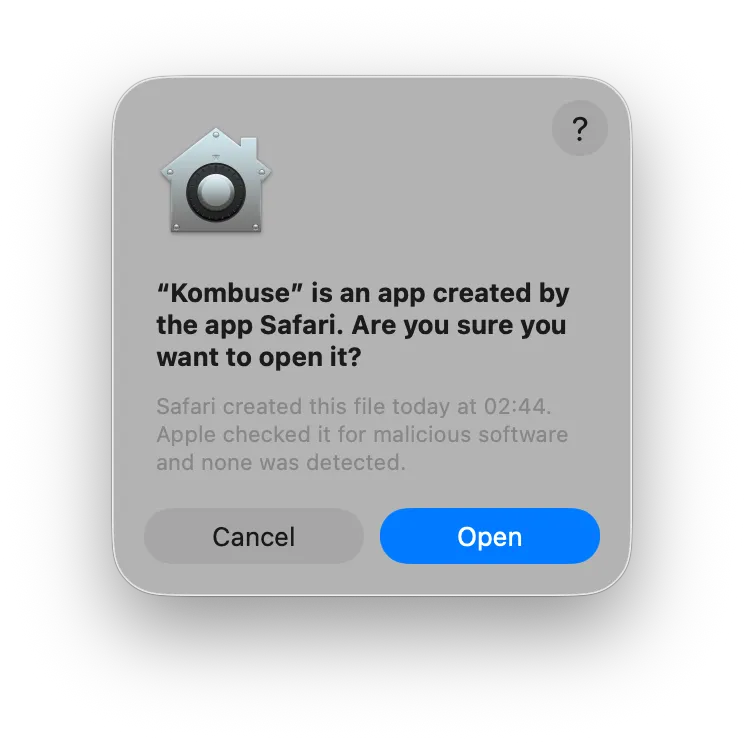 macOS security dialog confirming you want to open Kombuse