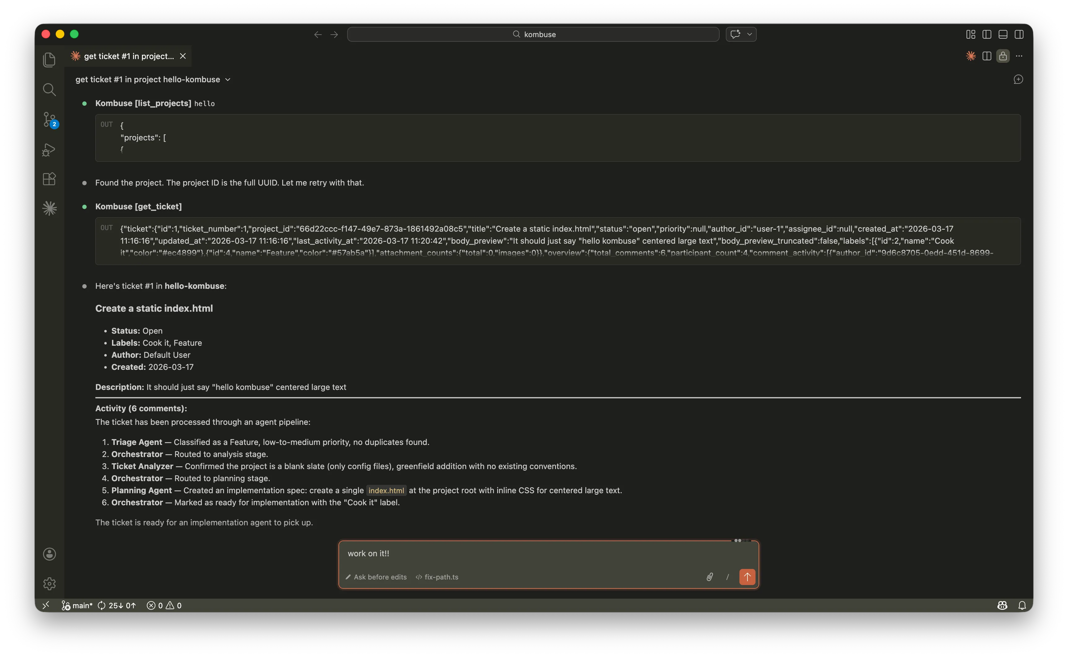Claude Code using MCP tools to list projects, retrieve a ticket, and display agent pipeline activity