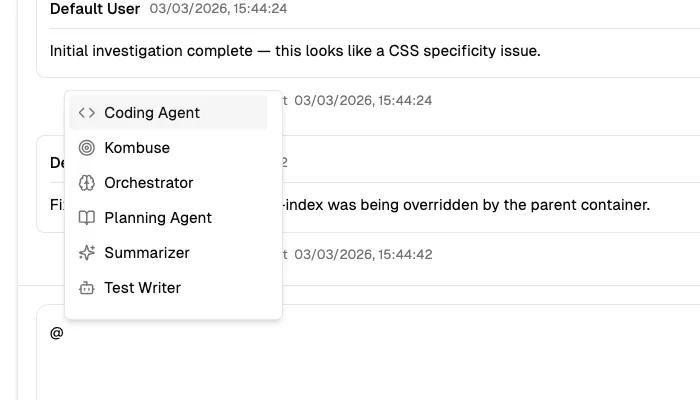 The mention autocomplete dropdown showing available agents and users after typing @