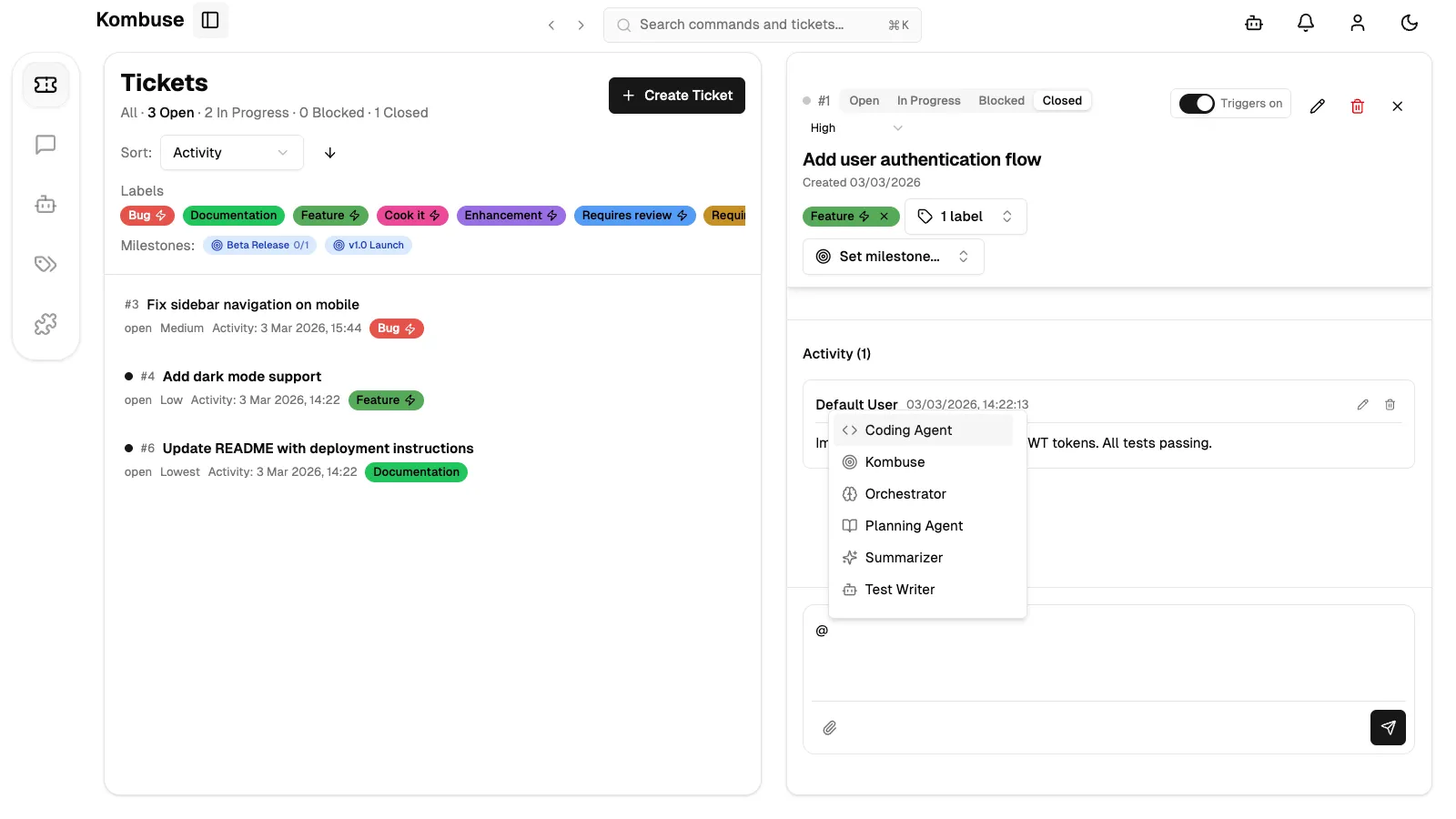 A ticket detail view with the mention autocomplete popup open, showing available agents to select