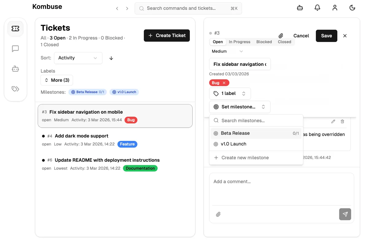 The milestone selector dropdown showing available milestones with search and create options